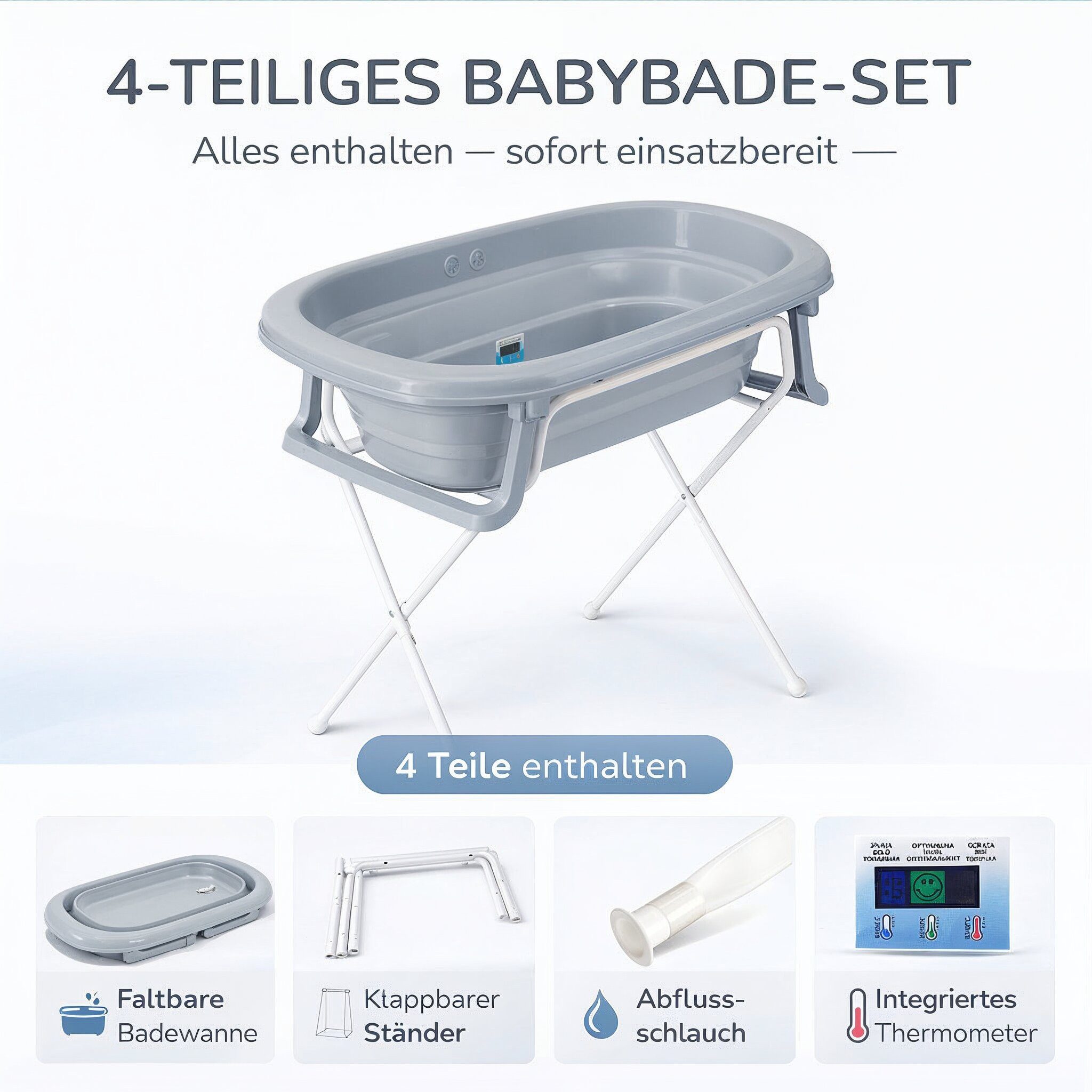 Babykajo Babybadewanne, (Set, 4-tlg), Babywanne faltbar mit Ständer, Abflussschlauch und Thermometer