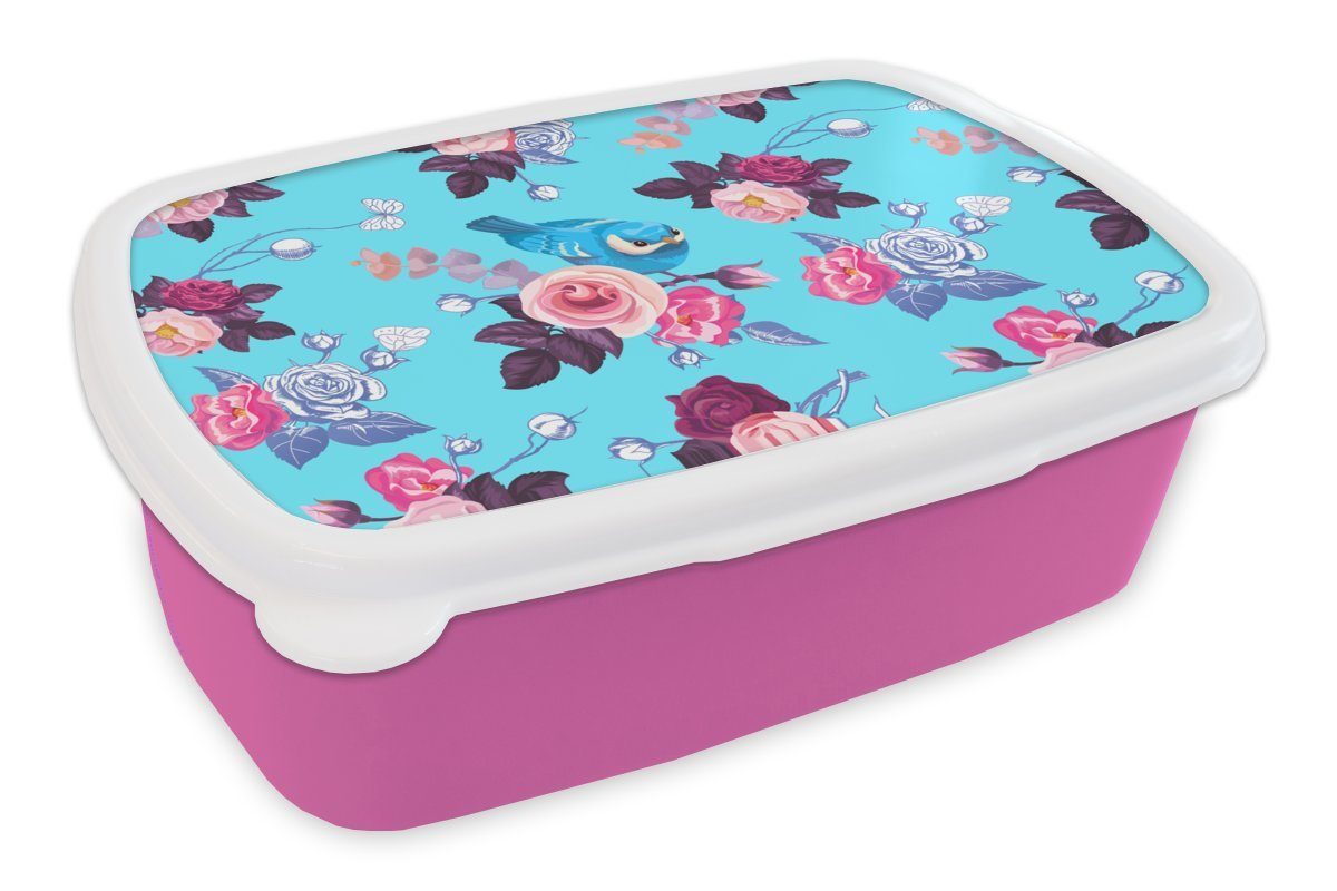 MuchoWow Lunchbox Vogel - Blumen - Muster, Kunststoff, (2-tlg), Brotbox für Erwachsene, Brotdose Kinder, Snackbox, Mädchen, Kunststoff rosa