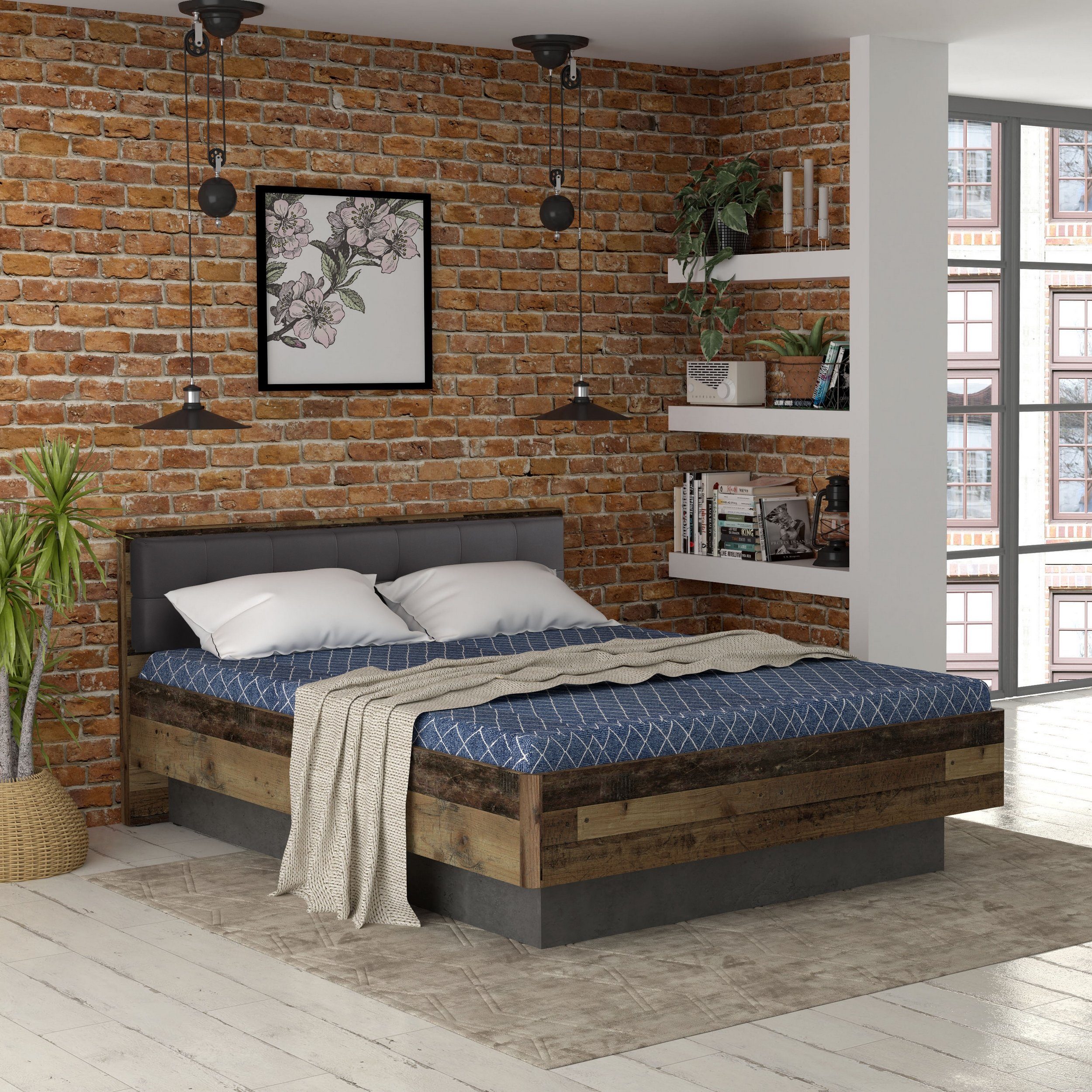 Stylefy Bettgestell Califfo Altes Holz Optik Beton Optik (Schlafzimmerbett,  Bett), 160x200 cm, Kopfteil gepolstert, aus Holzwerkstoff, Industrial Design