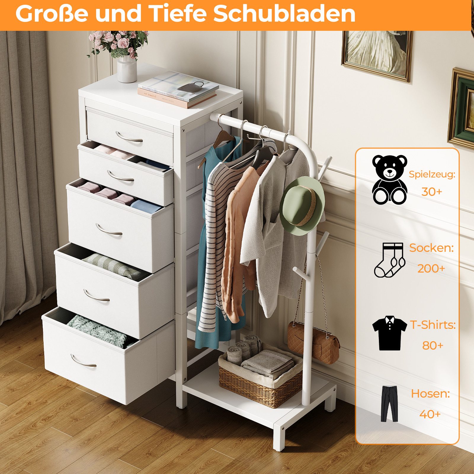 Patbrela Garderobenständer Garderobe mit 5 Stoff Schubladen, Kommodeschrank mit Kleiderstange, Stoffkommode für Schlafzimmer Wohnzimmer Flur Kinderzimmer