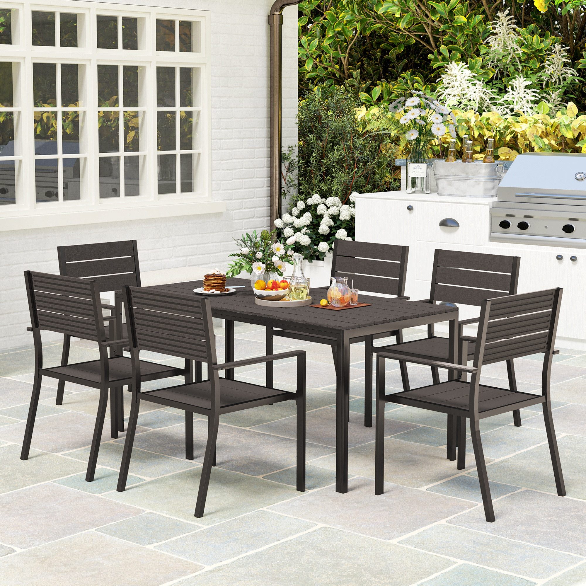Outsunny Garten-Essgruppe mit 6 stapelbar Stühlen, günstig online kaufen