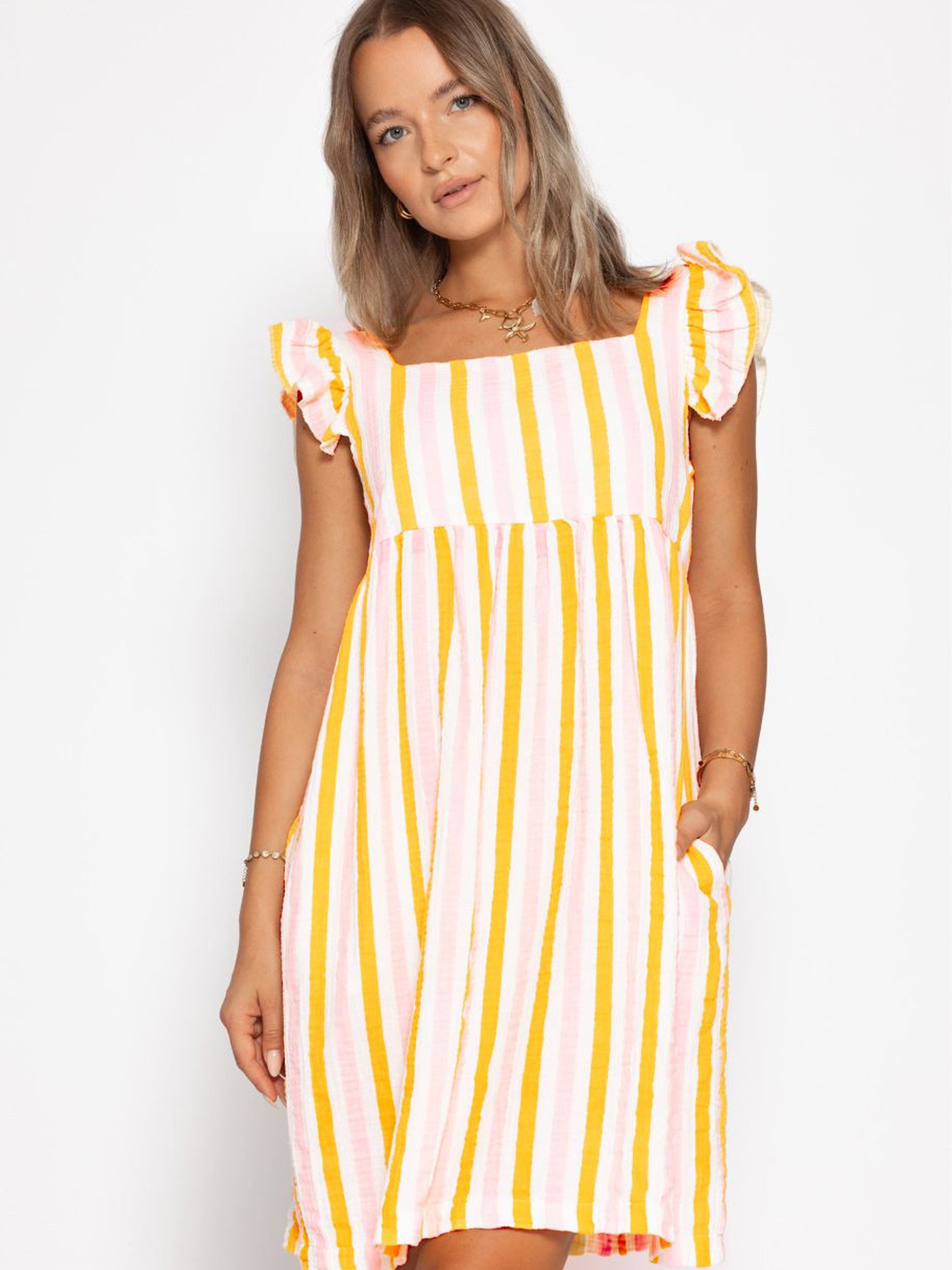 SASSYCLASSY Minikleid Gestreiftes Musselinkleid Damen Kleid aus Musselin im Streifenmuster mit Rüschenärmel