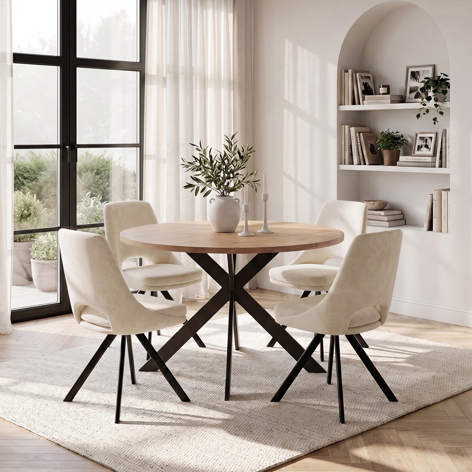 Jiexi Essgruppe Essgruppe Runder Tisch Ø 115cm Eiche Sternfuß & Flanell Stühle