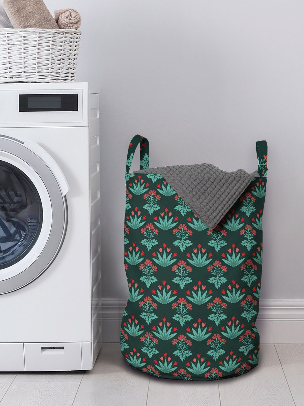 Teal Wäschekorb Abakuhaus mit Wäschesäckchen Kordelzugverschluss Dunkler für Blumenmuster-Tulpen Waschsalons, Griffen