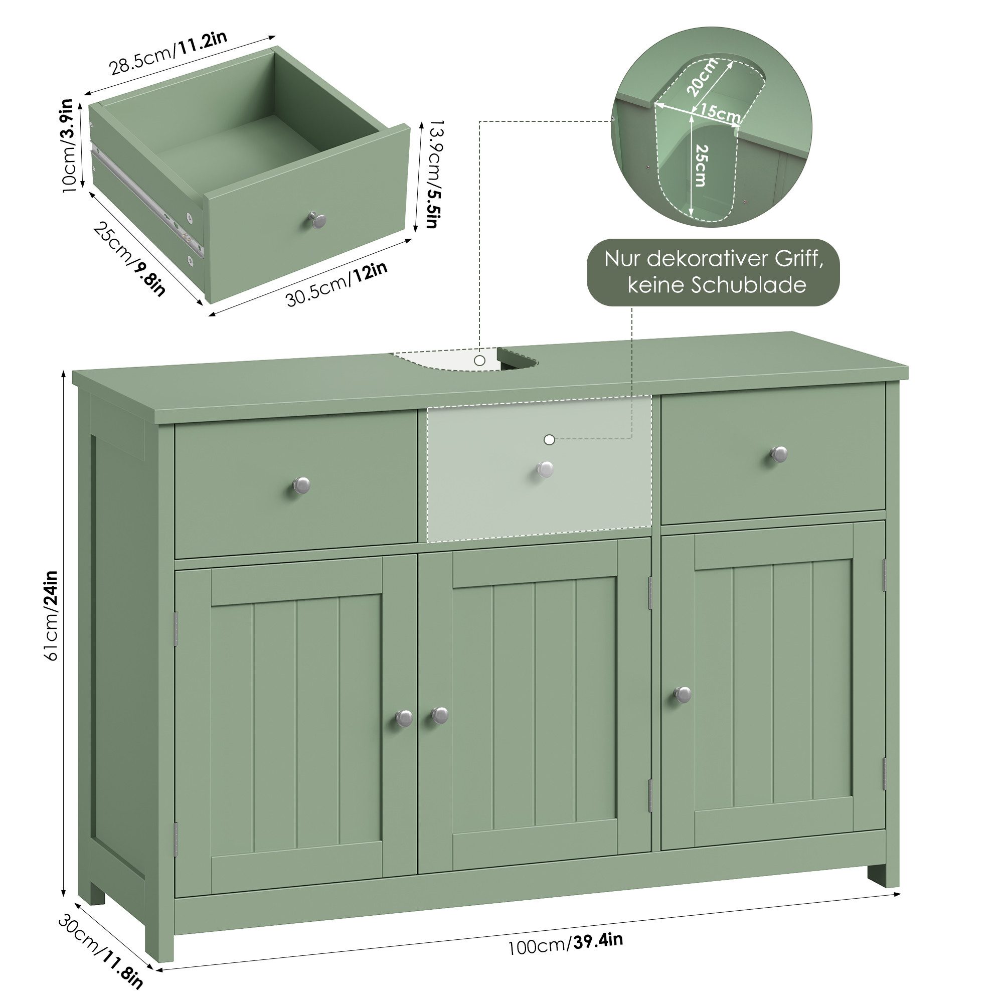 Homfa Waschbeckenunterschrank Unterschrank Badezimmerschrank mit 2 Schubladen und 3 Türen, Breite 100 cm, freistehend