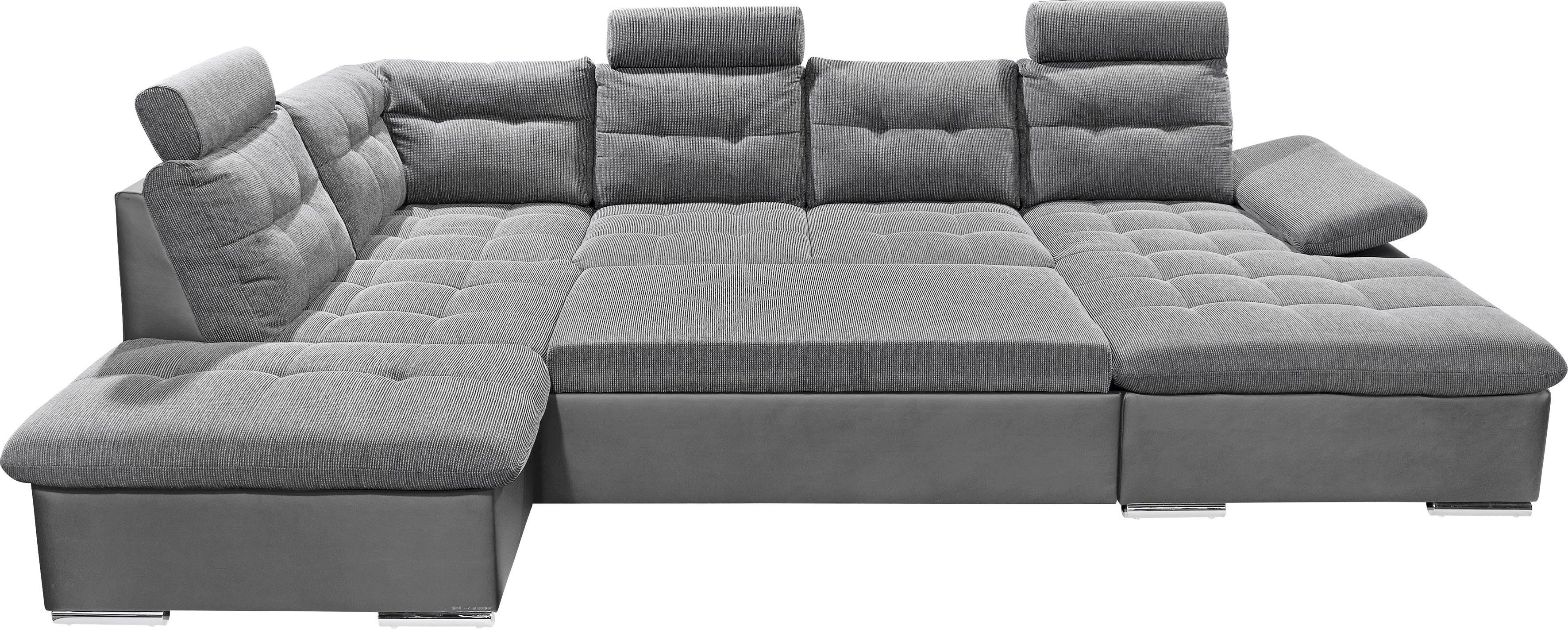 ED EXCITING DESIGN Wohnlandschaft Jakarta U-Form mit Bettfunktion, Bettkasten, Armteilverstellung, Kopfstützen & 3 Nierenkissen