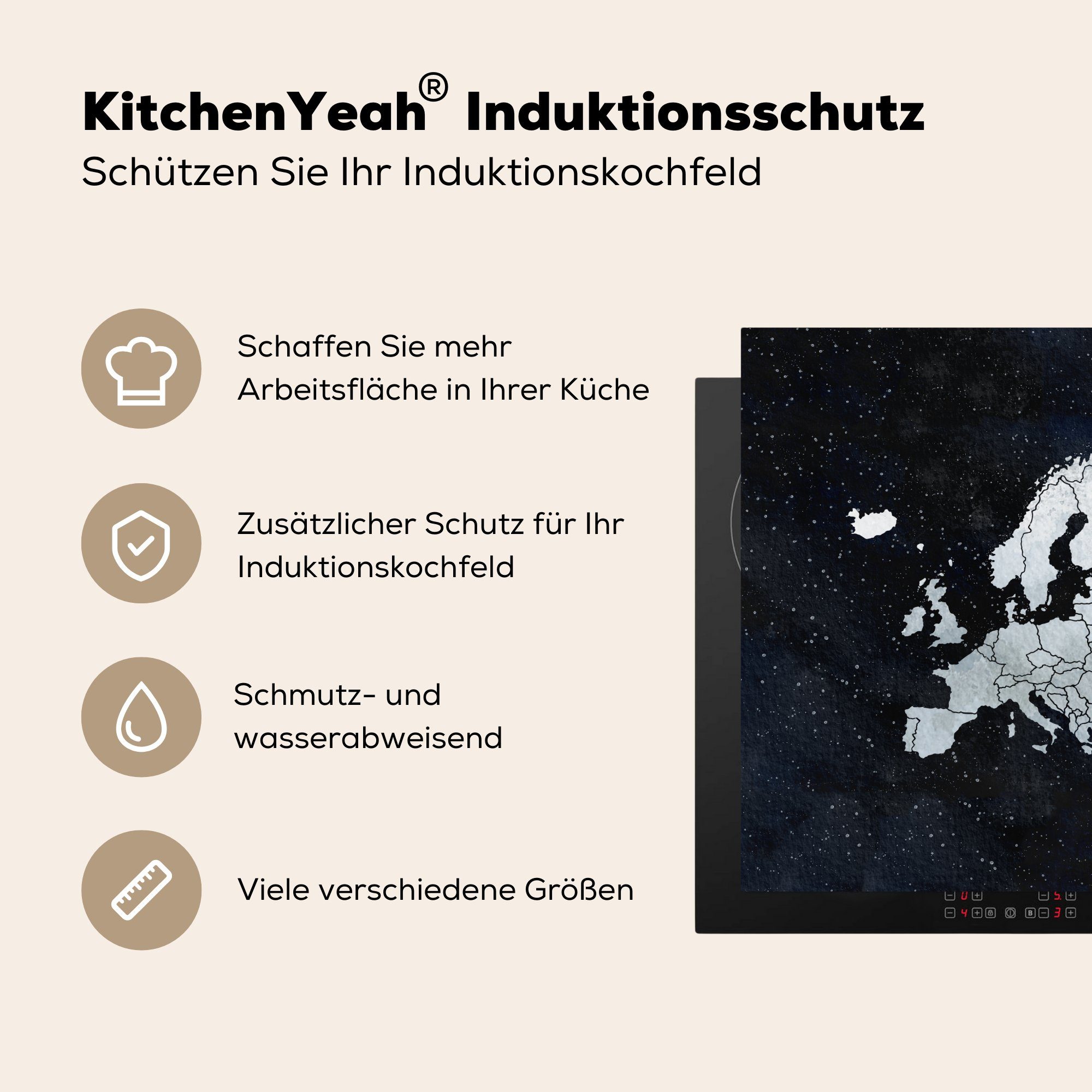 MuchoWow Herdblende-/Abdeckplatte Karten - Europa für - küche tlg), cm, Sternenhimmel Ceranfeldabdeckung, Arbeitsplatte - Vinyl, Silber, (1 78x78