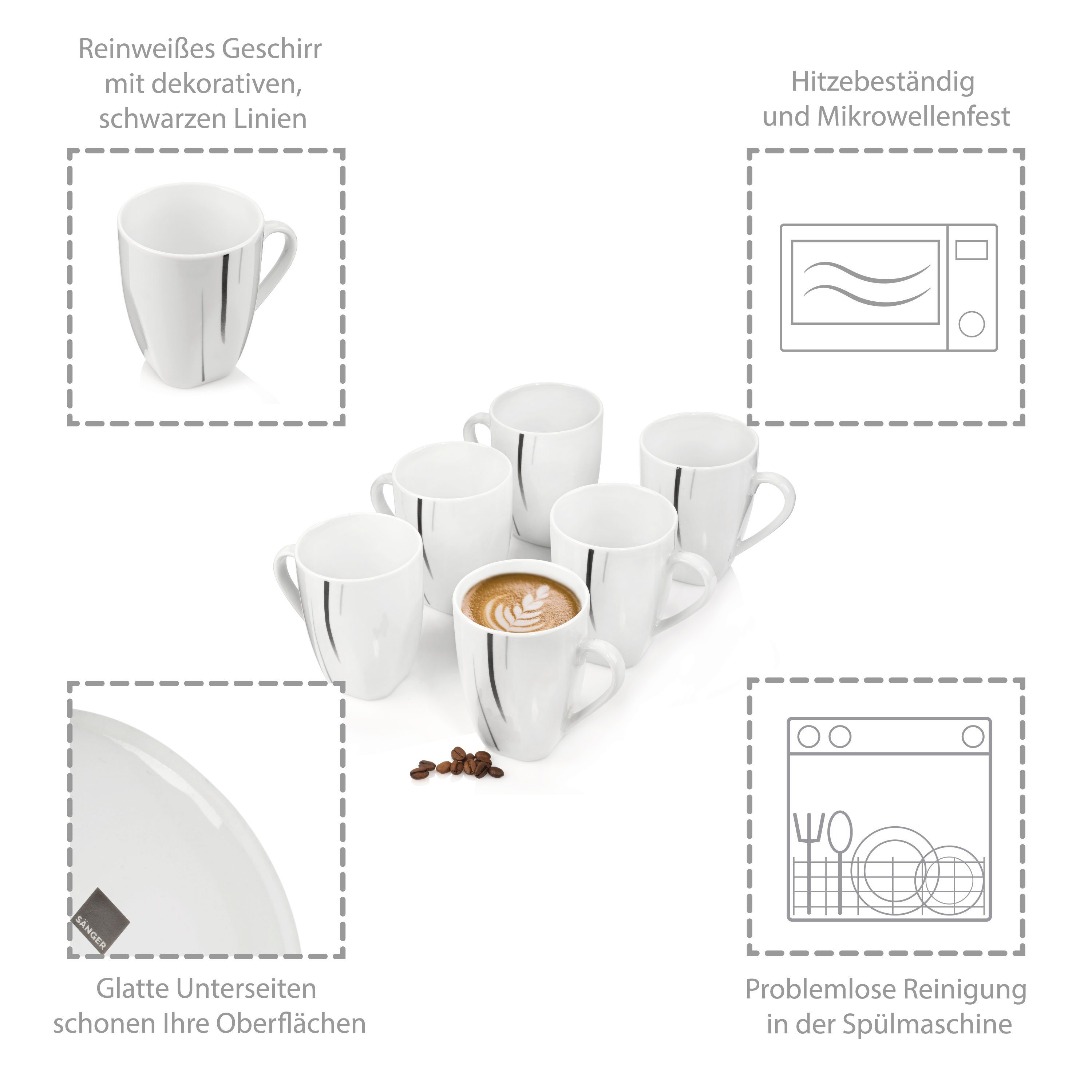 SÄNGER Becher Bilgola Black Lines Kaffeetassen-Set, Weiß, 6-tlg., Porzellan, ⌀ 8,5x10,5cm, 250 ml, Premium Collection