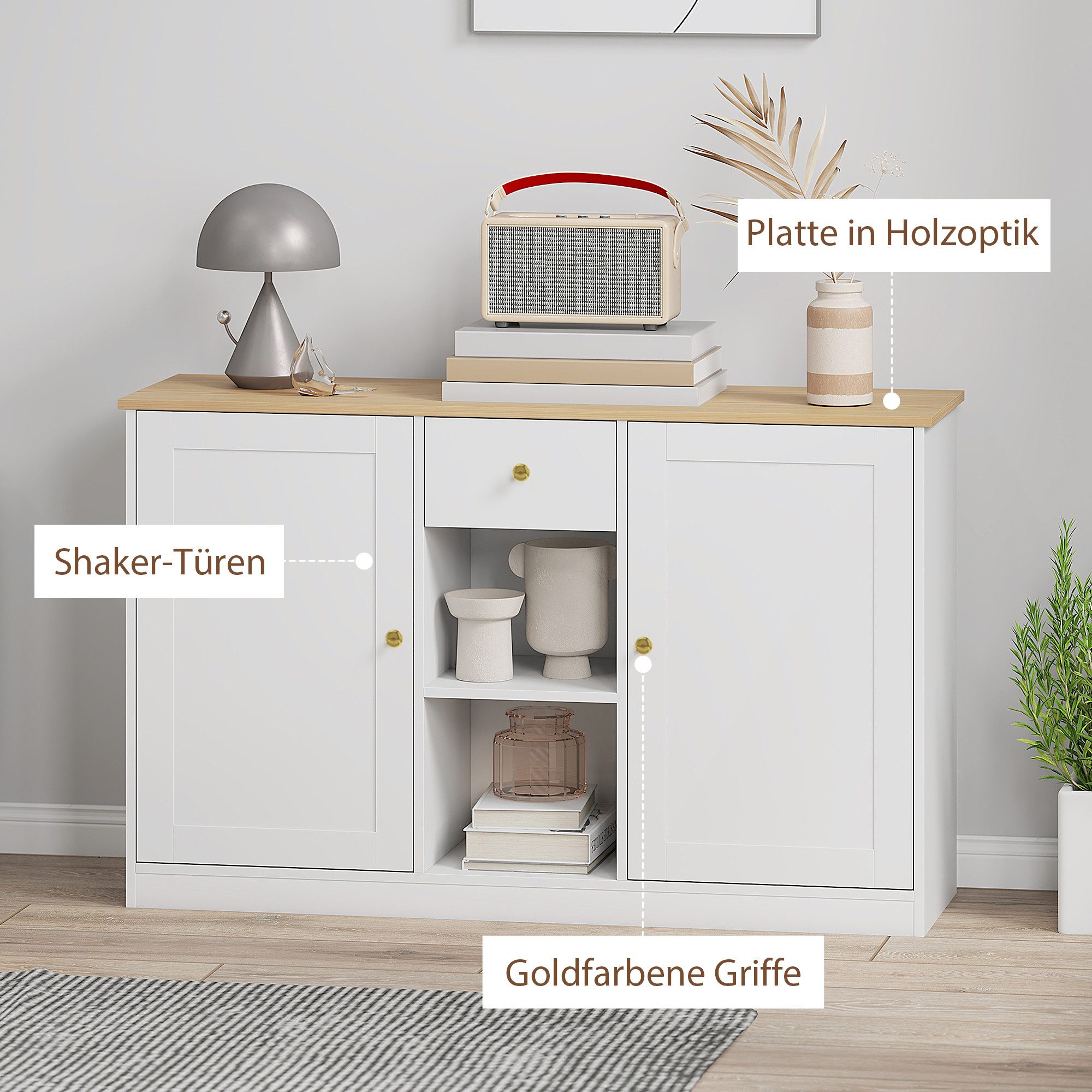 HOMCOM Sideboard Aufbewahrungsschrank mit Schublade, Küchenschrank für Küche (Kommode mit 2 Türen, 2 offenen Fächern, 1 St., für Wohnzimmer, Flur), 120 x 35 x 7 – Bild 5 von 5