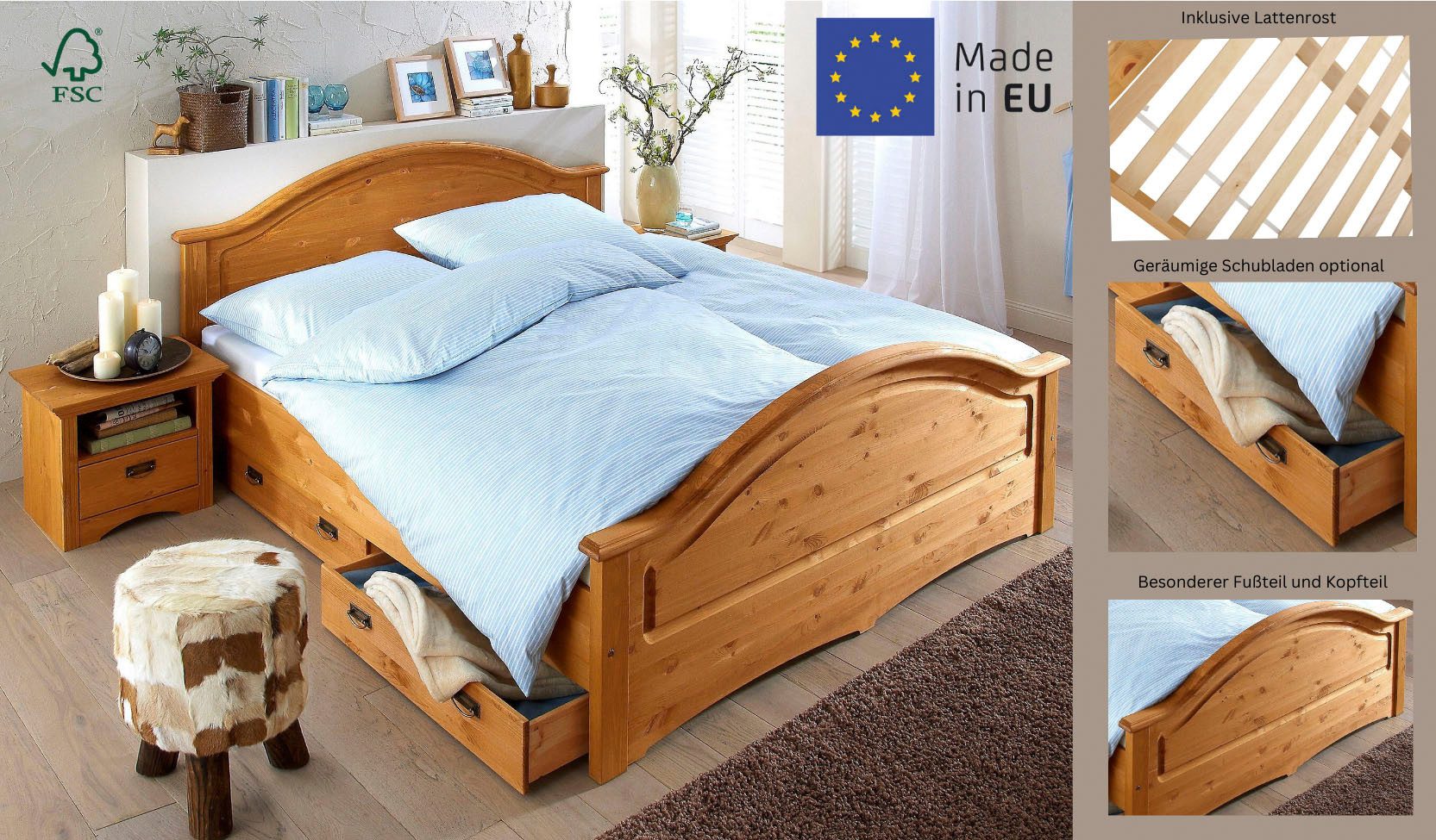 OTTO home Massivholzbett Konrad, hohe Belastbarkeit! FSC® zertifiziertes Massivholz (Breite/Belastbarkeit 180cm/220 KG, 140cm/180 KG), aus massivem Kiefernholz, FSC®-zertifiziert, INKLUSIVE Rollrost