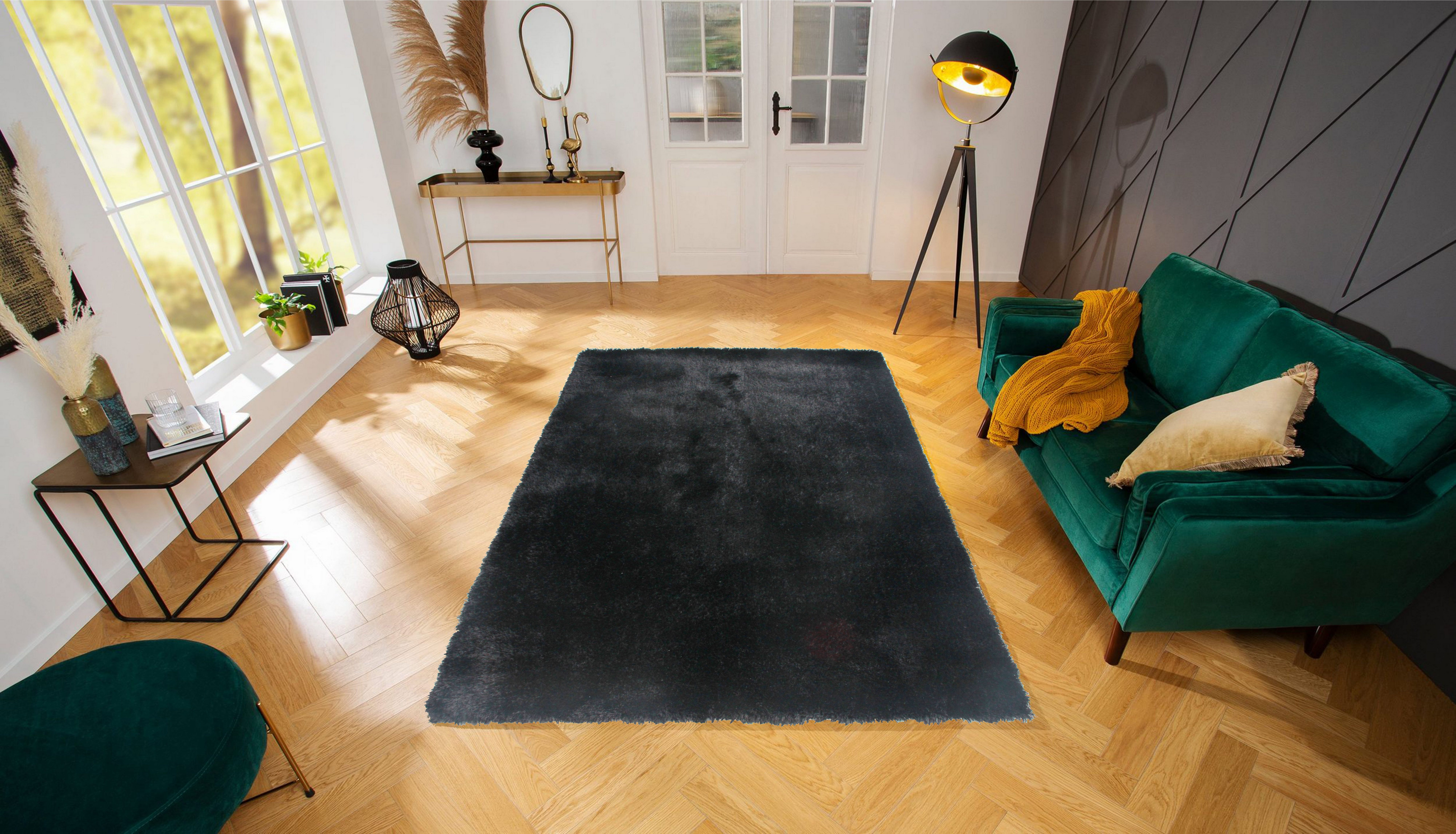 Hochflor-Teppich Wohnzimmer, rechteckig, schwarz Teppiche, Höhe: Schlafzimmer mm, flauschig, 45 Lagos, Mikrofaser einfarbig, Leonique,