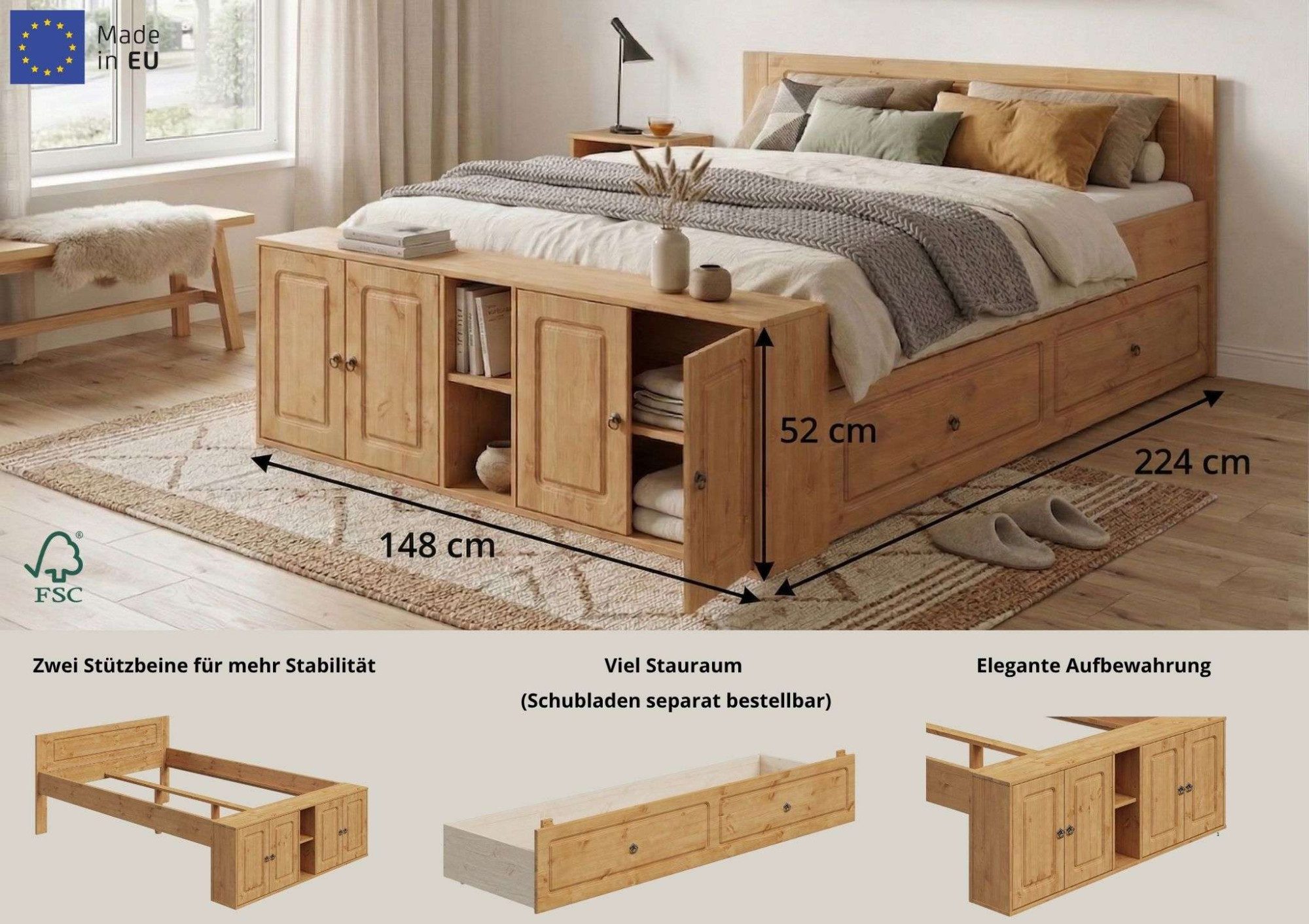 OTTO home Massivholzbett Paula, mit Türen und Ablage, Schublade optional, Landhausstil (B/T/H: 148,8/224,4/82 cm), Massive Kiefer, extra viel Stauraum im Fußtei – Bild 4 von 5
