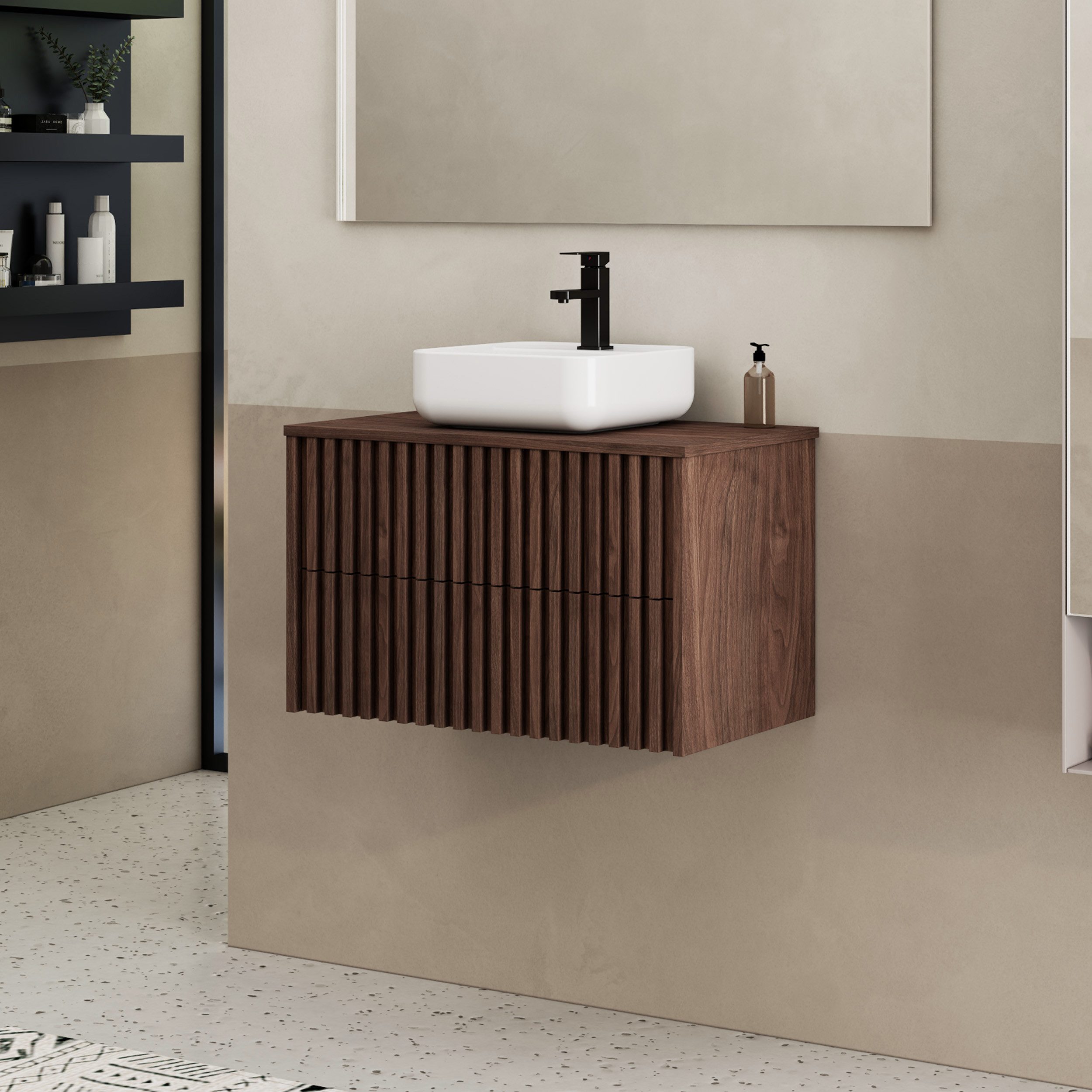 UEV Waschtisch mit Unterschrank hängend Rechteckiges Keramikwaschbecken (Komplett-Set Badmöbel, Badezimmmer Schrank, mit Wasserhahn und Pop-up-Ablassventil Aufsatz-Waschbecken), Soft-close Schubladen,Waschbeckenunterschrank mit 2 Schubladen