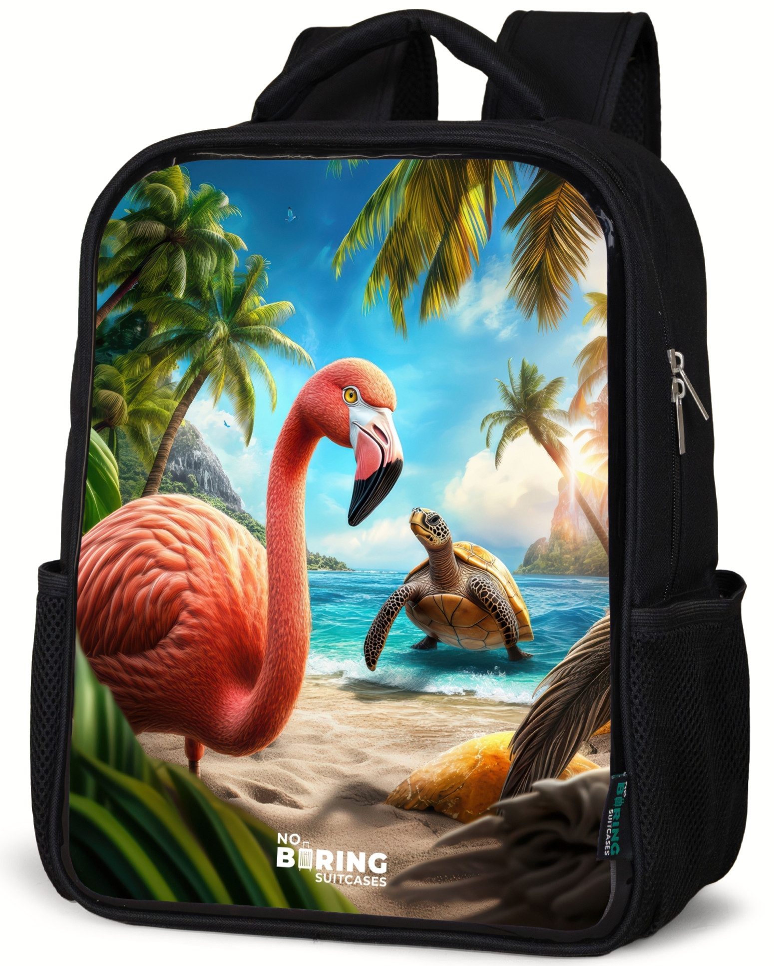 Flamingo und Schildkröte am tropischen Strand