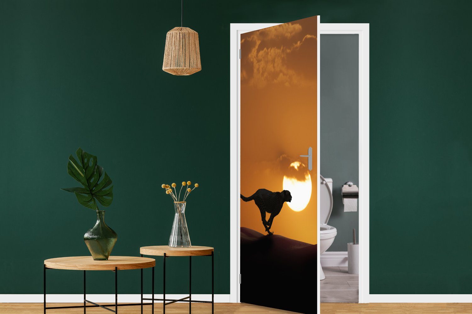 Tür, Geparden cm 75x205 Türtapete Silhouette eines Wüste, MuchoWow Matt, Fototapete für in bedruckt, der St), Türaufkleber, (1