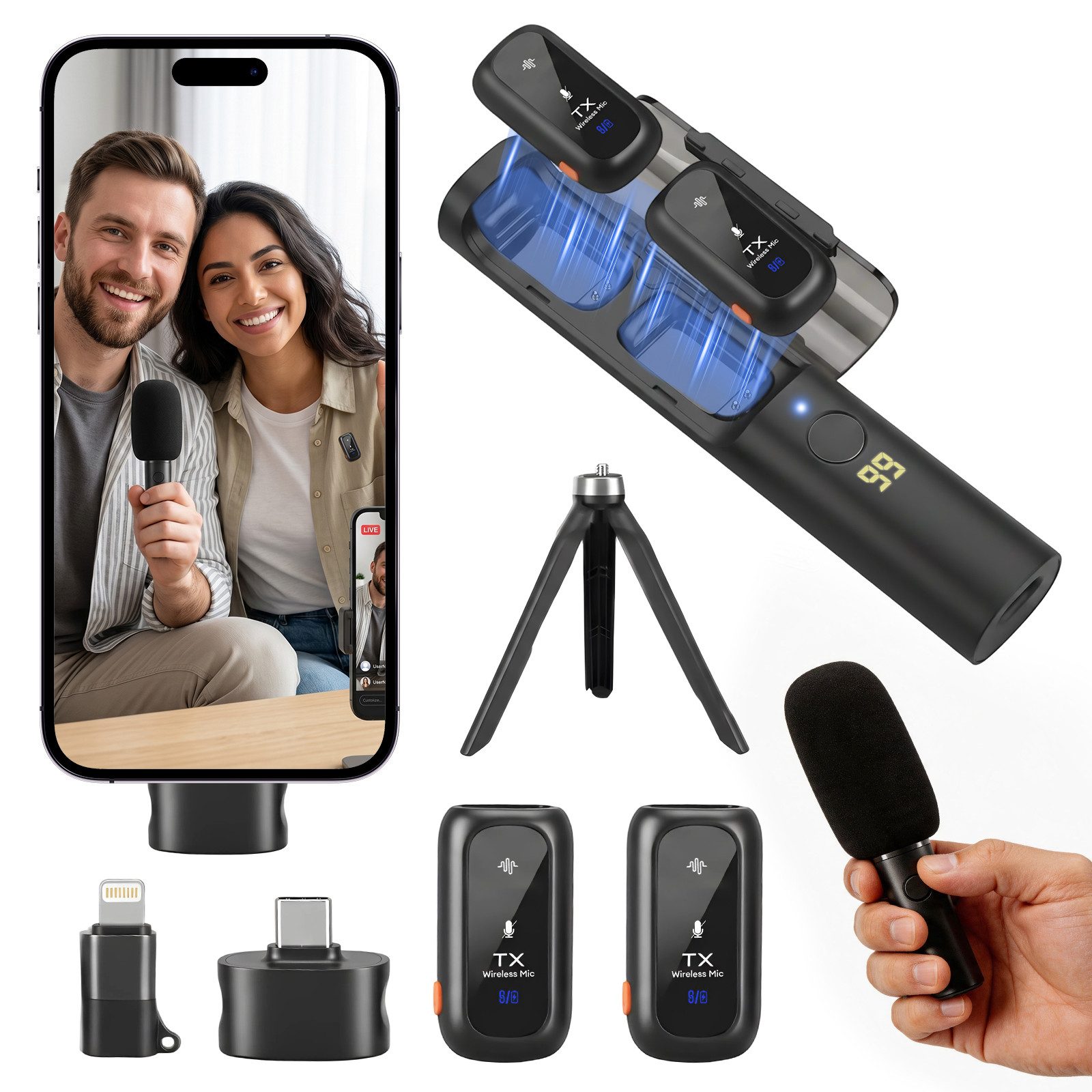 CkeyiN Pro Mikrofon Kabelloses, Lavalier Mikrofon 2er-Pack, Mini Mikrofon, 2,4 GHz (30m Reichweite, 20h Akku,Rauschunterdrückung), für iPhone & Android, für YouTube, TikTok, ASMR,Vlogging