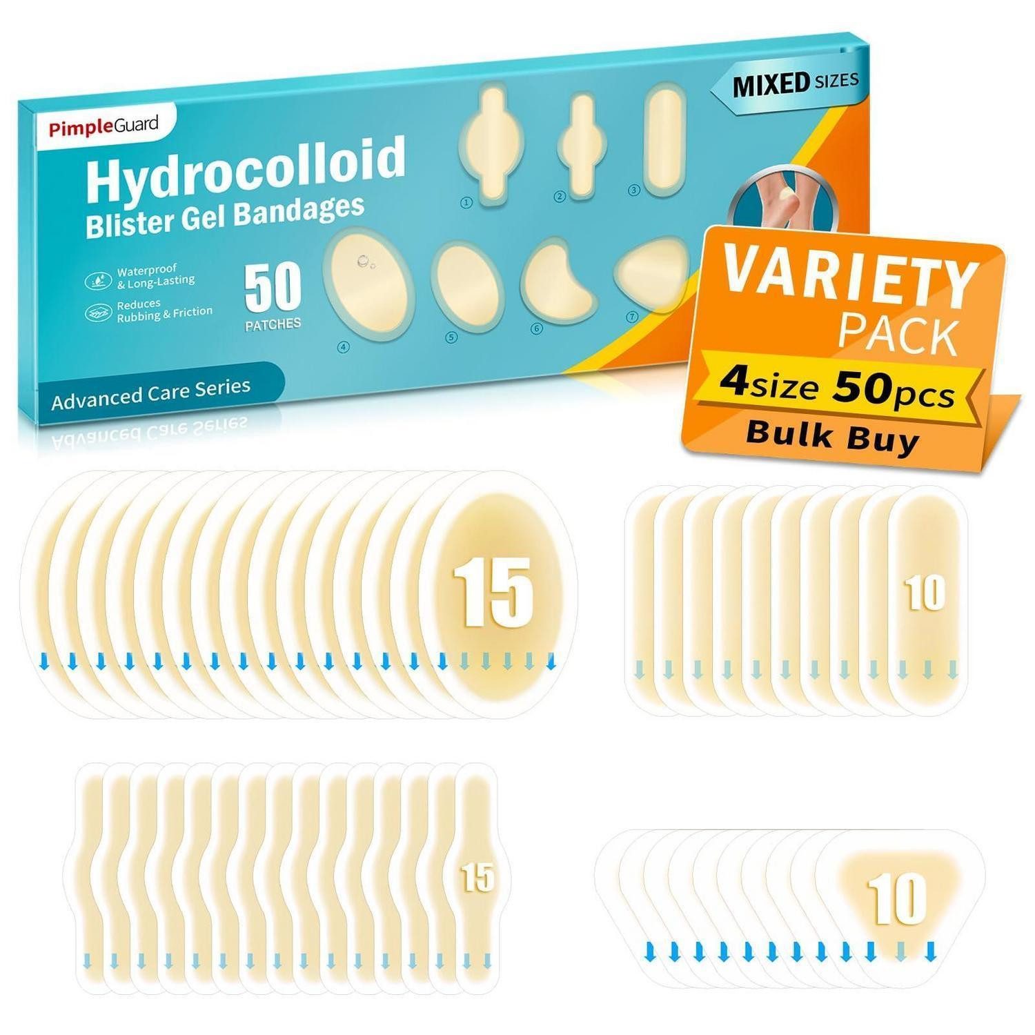 LuxusKollektion Blasenpflaster Blasenpflaster Hydrokolloid Wasserdicht Variety Pack 50 PCS-4 Größen