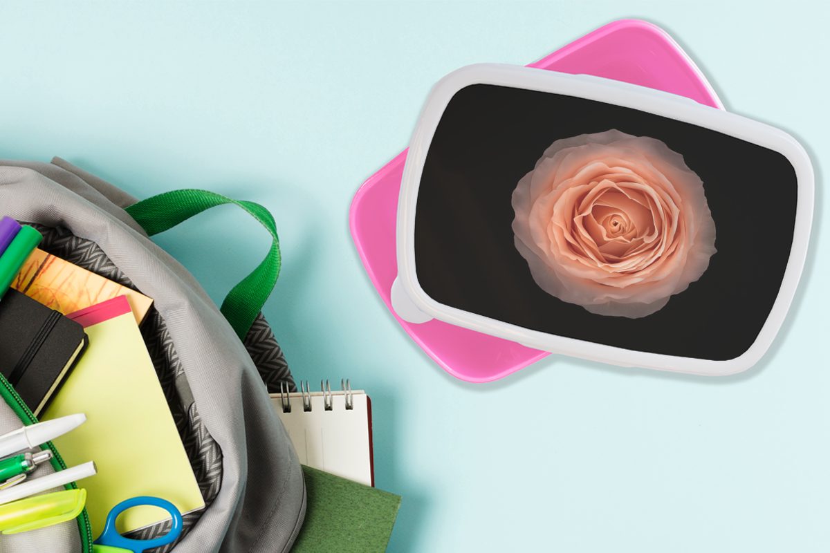 Mädchen, (2-tlg), Snackbox, auf oben, Kunststoff Kunststoff, Erwachsene, Brotdose Hintergrund, Lunchbox Ansicht Runde schwarzem für MuchoWow Rosa Kinder, von Form Brotbox Blume