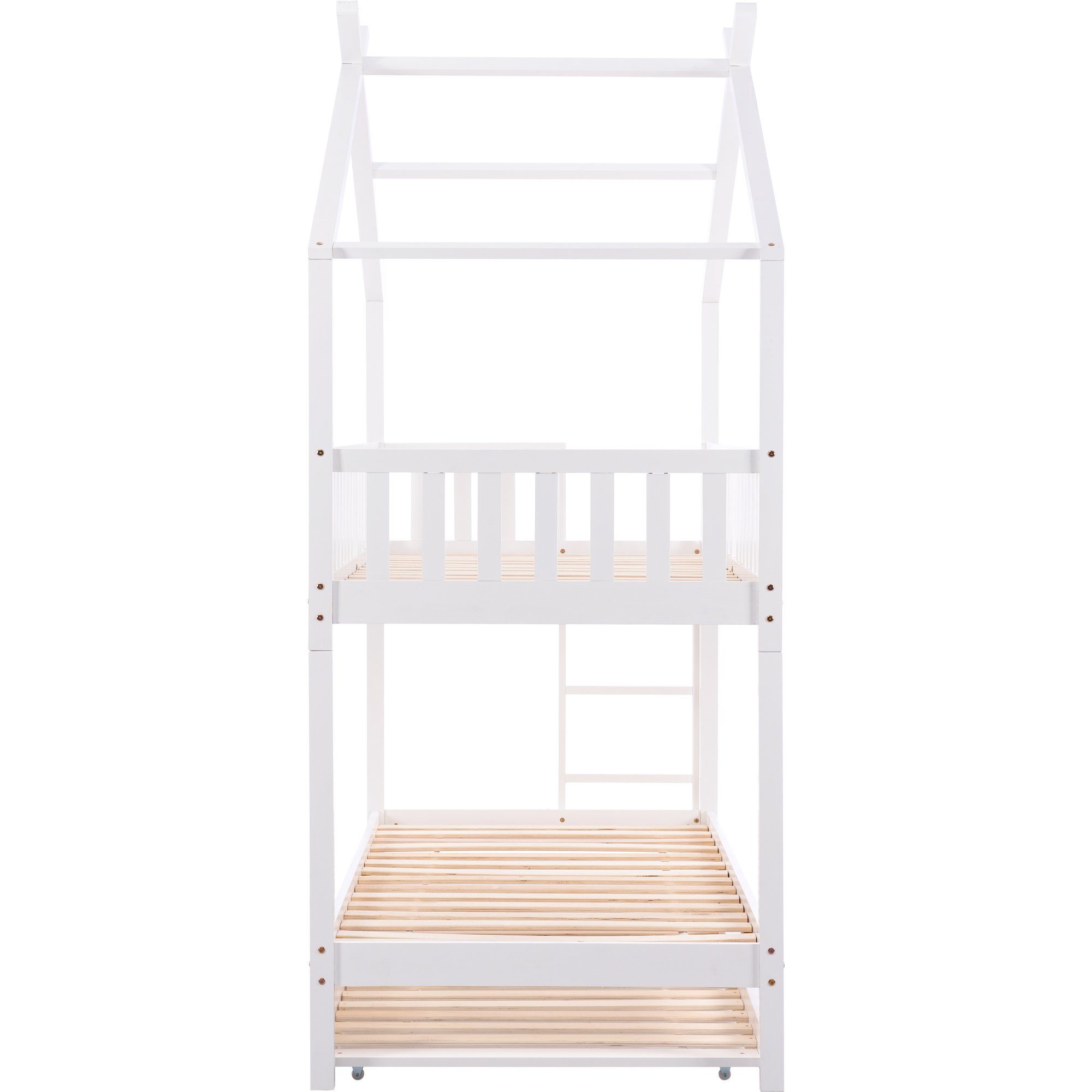Etagenbett (Etagenbett, Hochbett Hausbett mit Rausfallschutz und Lattenrost), Kinderbett 90x200 cm mit Ausziehbett 90x190 cm, Kiefer, 3 Liegefläche