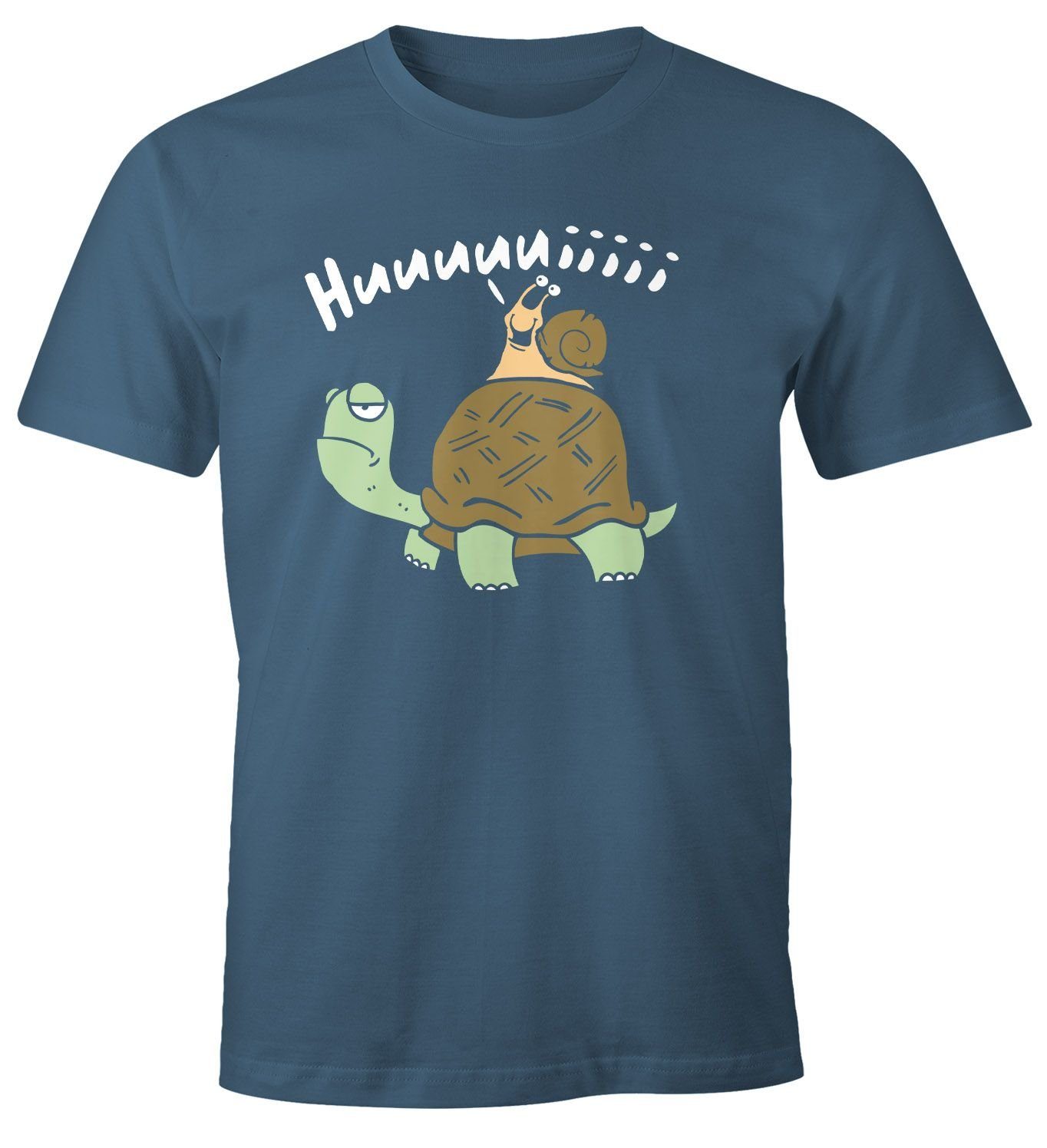 Herren Spruch Comic Witzig blau T-Shirt Scherz Schildkröte Print-Shirt Schnecke Print MoonWorks mit Huuuuiiii lustig Fun-Shirt Moonworks® Lustig
