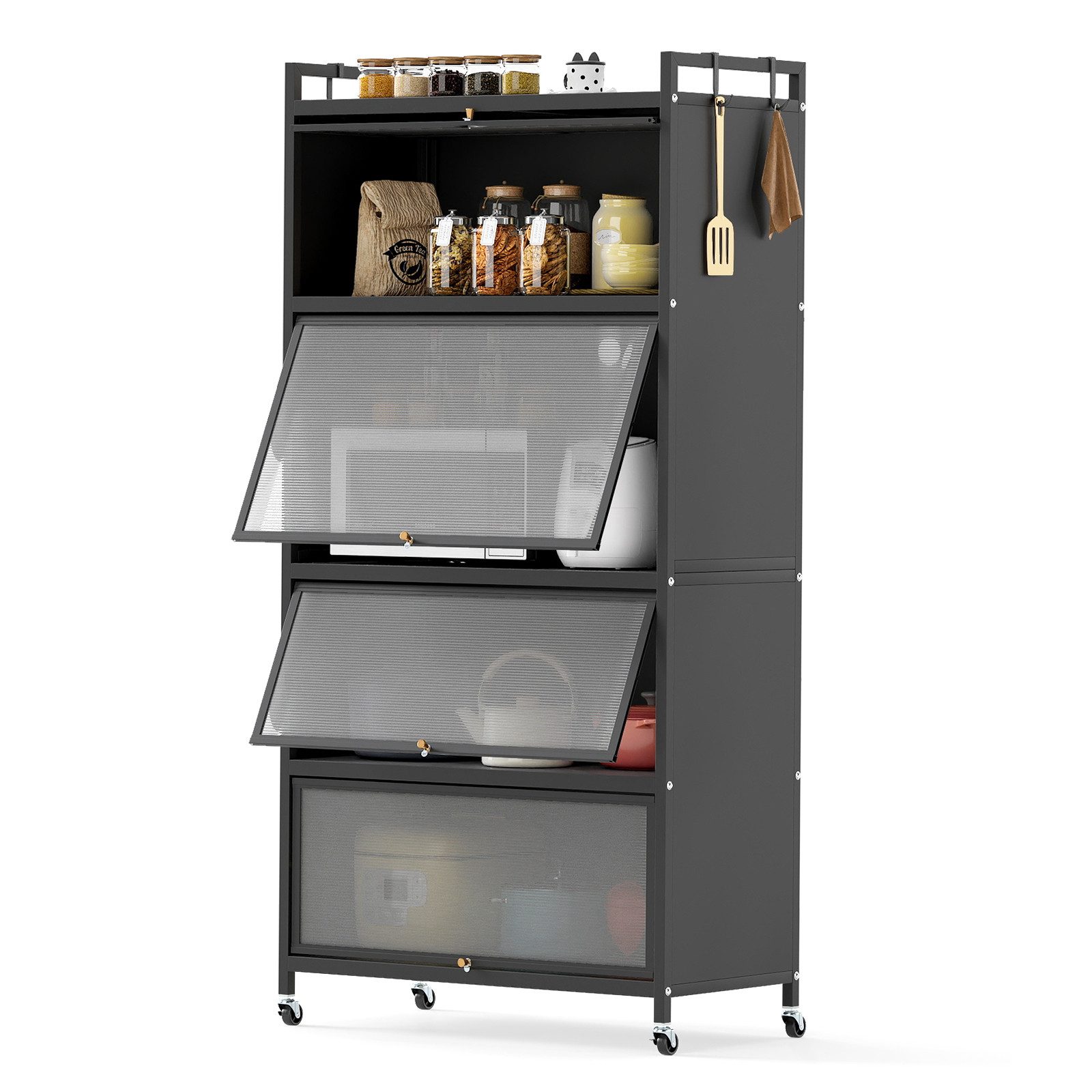 KOMFOTTEU Vorratsschrank Küchenschrank Küchenregal auf Rollen, mit Klapptüren