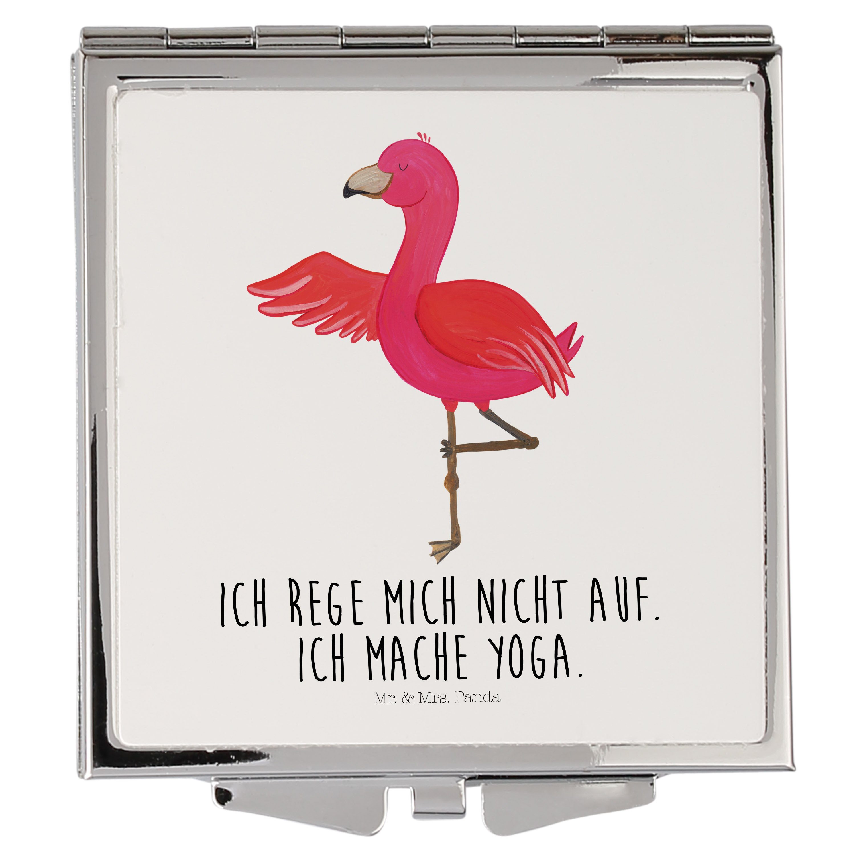 Mr. & Mrs. Panda Kosmetikspiegel Flamingo Yoga - Weiß - Geschenk, Yoga-Übung, Yoga Urlaub, silber, Yog (1-St)