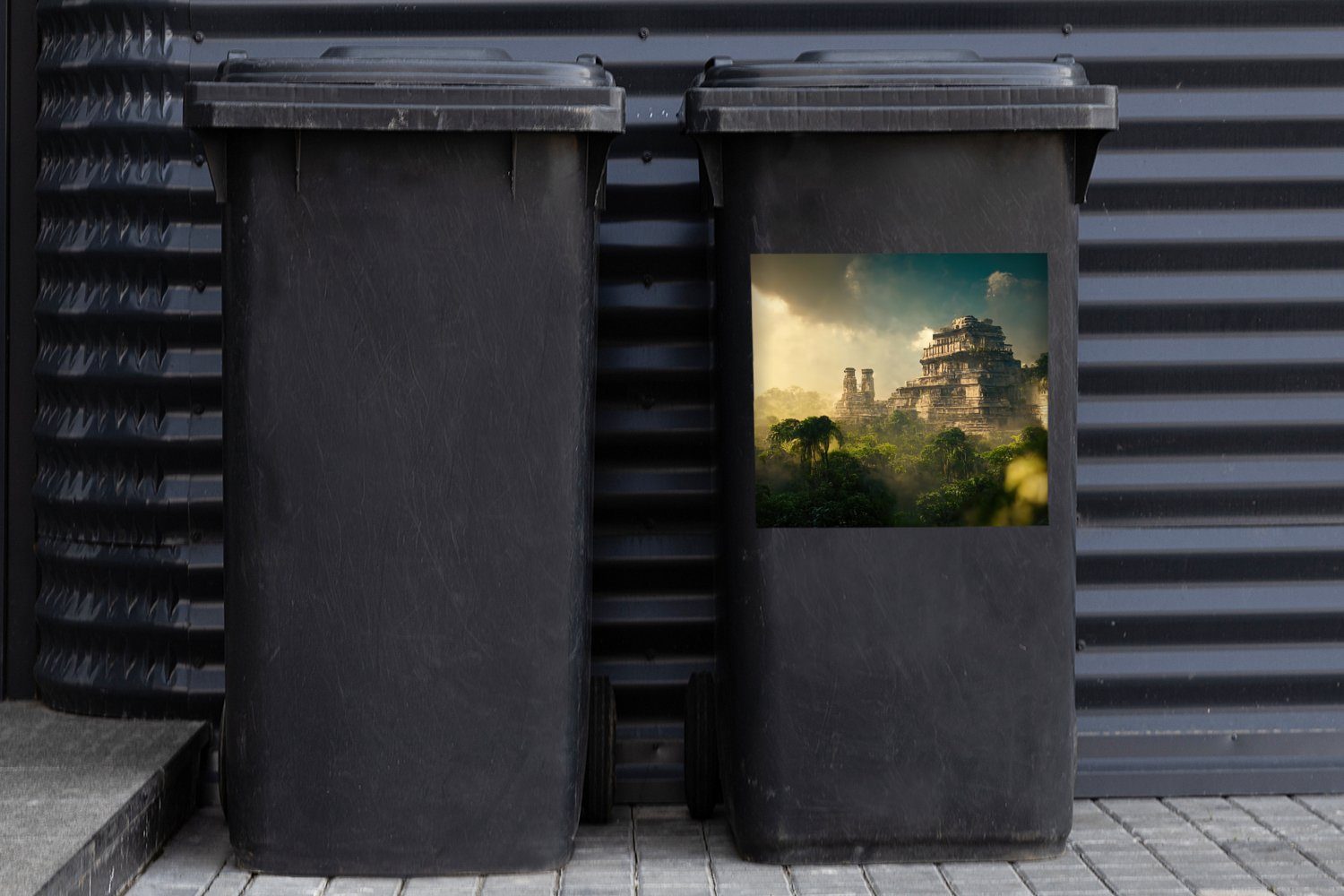 Wandsticker Mülltonne, - - Natur - Dschungel Container, Tempel Mülleimer-aufkleber, - Abfalbehälter St), MuchoWow Sticker, Wolken Himmel (1