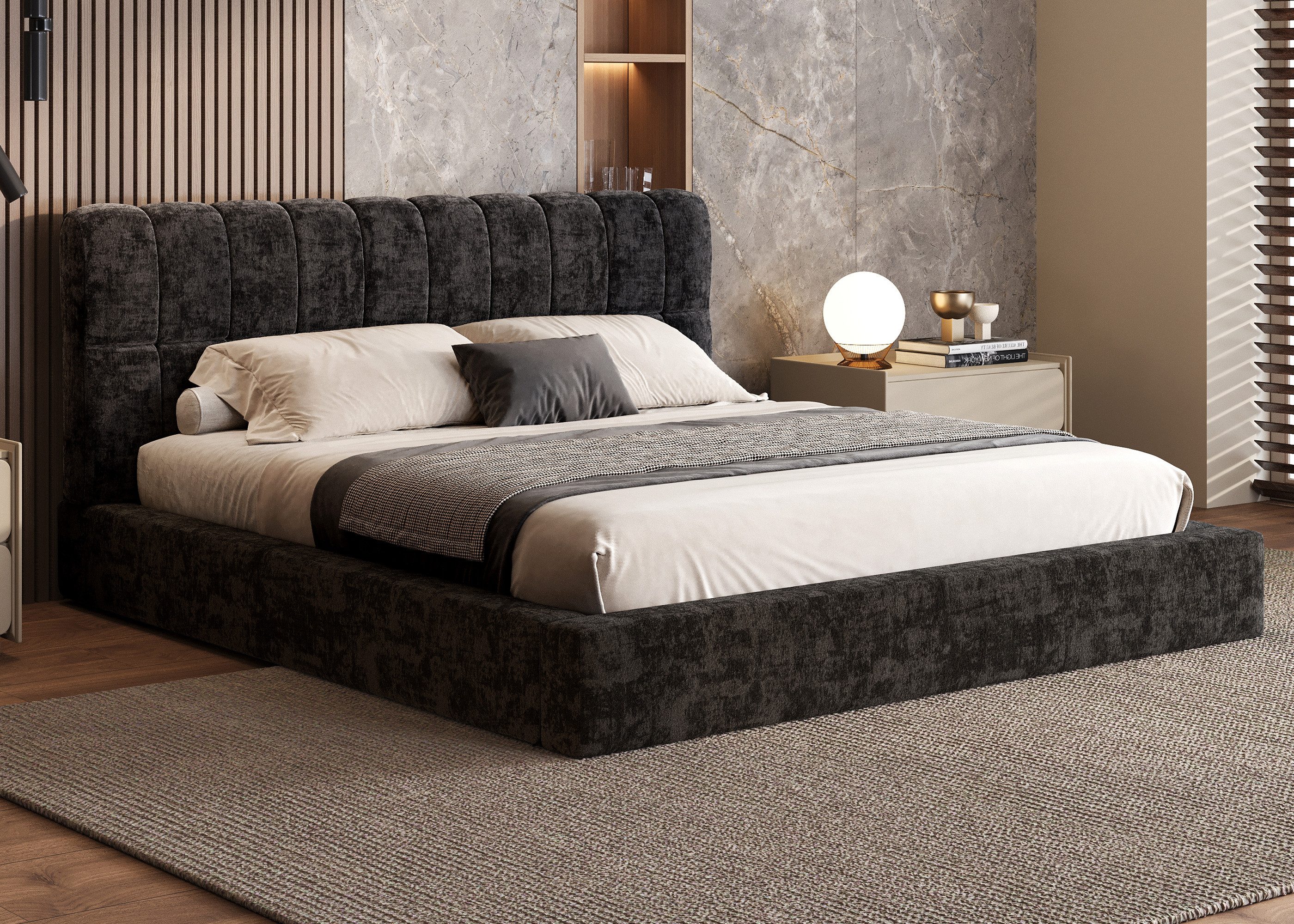 oleyluckidea Bett Stoff Polsterbett,Bett mit Lattenrost,Doppelbett Schwarz