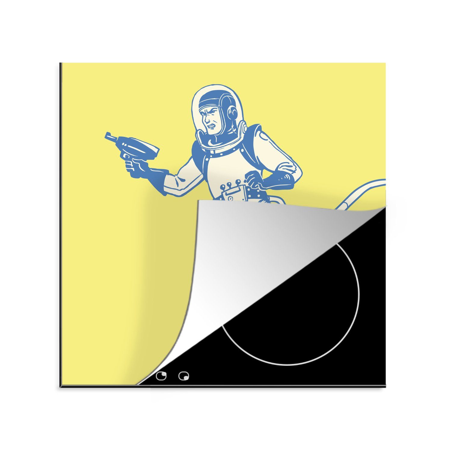 MuchoWow Herdblende-/Abdeckplatte Eine Science-Fiction-Illustration eines Astronauten mit einer Ray Gun, Vinyl, (1 tlg), 78x78 cm, Ceranfeldabdeckung, Arbeitsplatte für küche