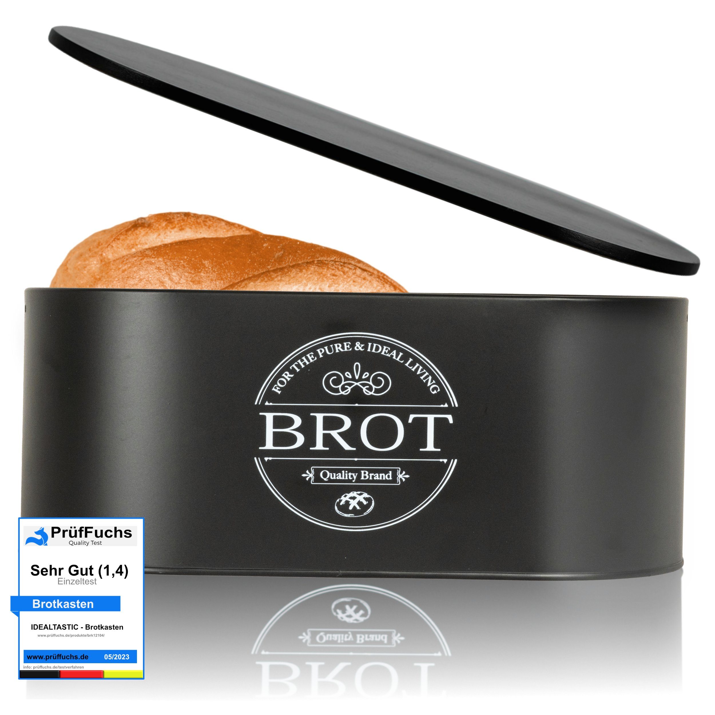 IDEALTASTIC Brotkasten Premium 2-in-1 Brotkasten für die ideale Brot Aufbewahrung, Holzdeckel, (Brot Aufbewahrung, Brotkästen, Brotkasten), Schwarzer Brotkasten mit Frischhaltefunktion & Luftzirkulation“