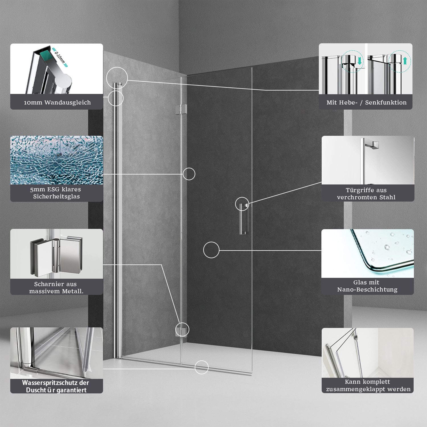 Boromal Duschwand Glas für dusche Duschabtrennung faltbar, mit NANO Einscheibensicherheitsglas, (Falttür Faltwand, B:65,7-116,7cm, H:195cm), Rechts-und Links montierbar