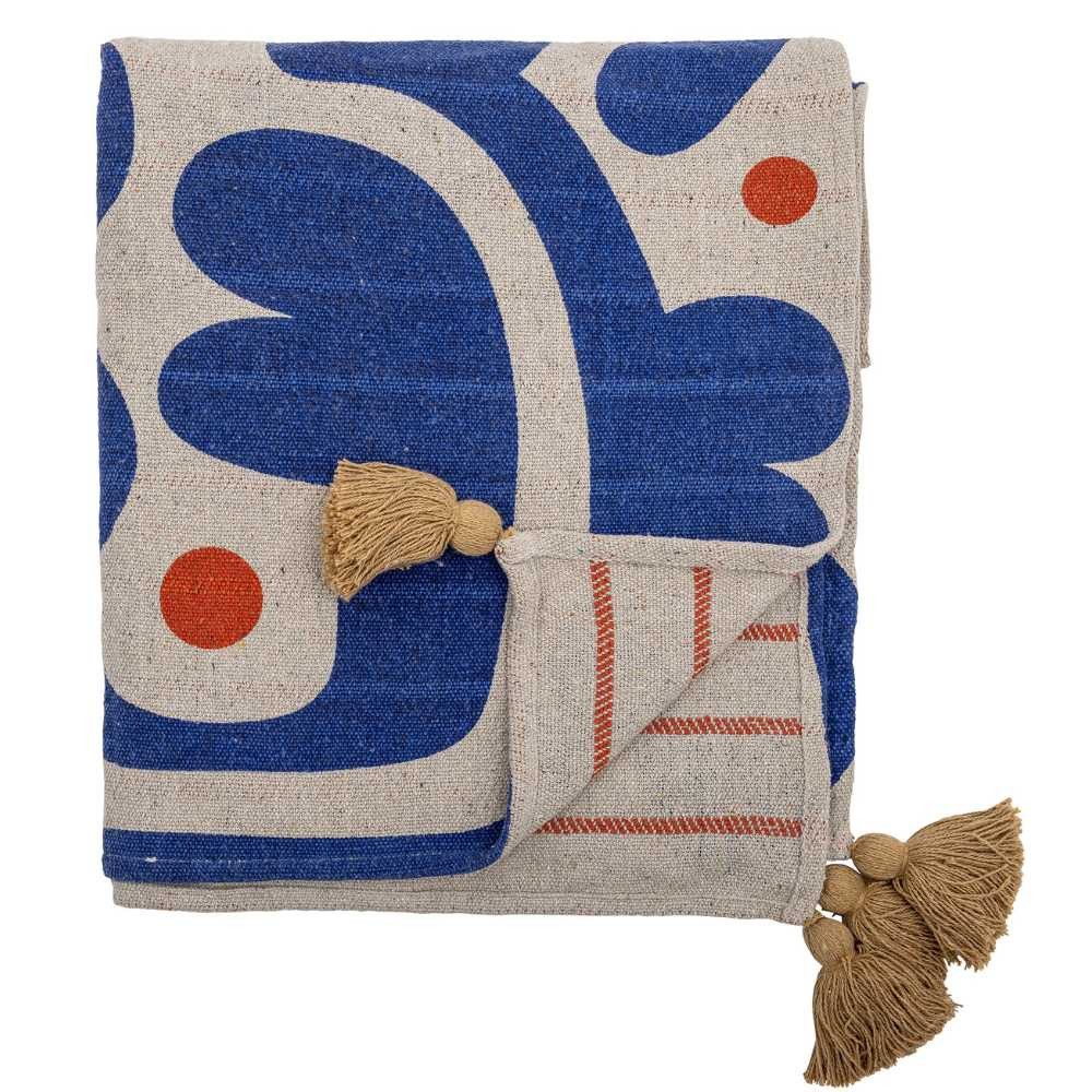 Wohndecke Bloomingville Decke EVIAYA Blau Creme Gemustert mit Quasten 160x130 cm, Bloomingville