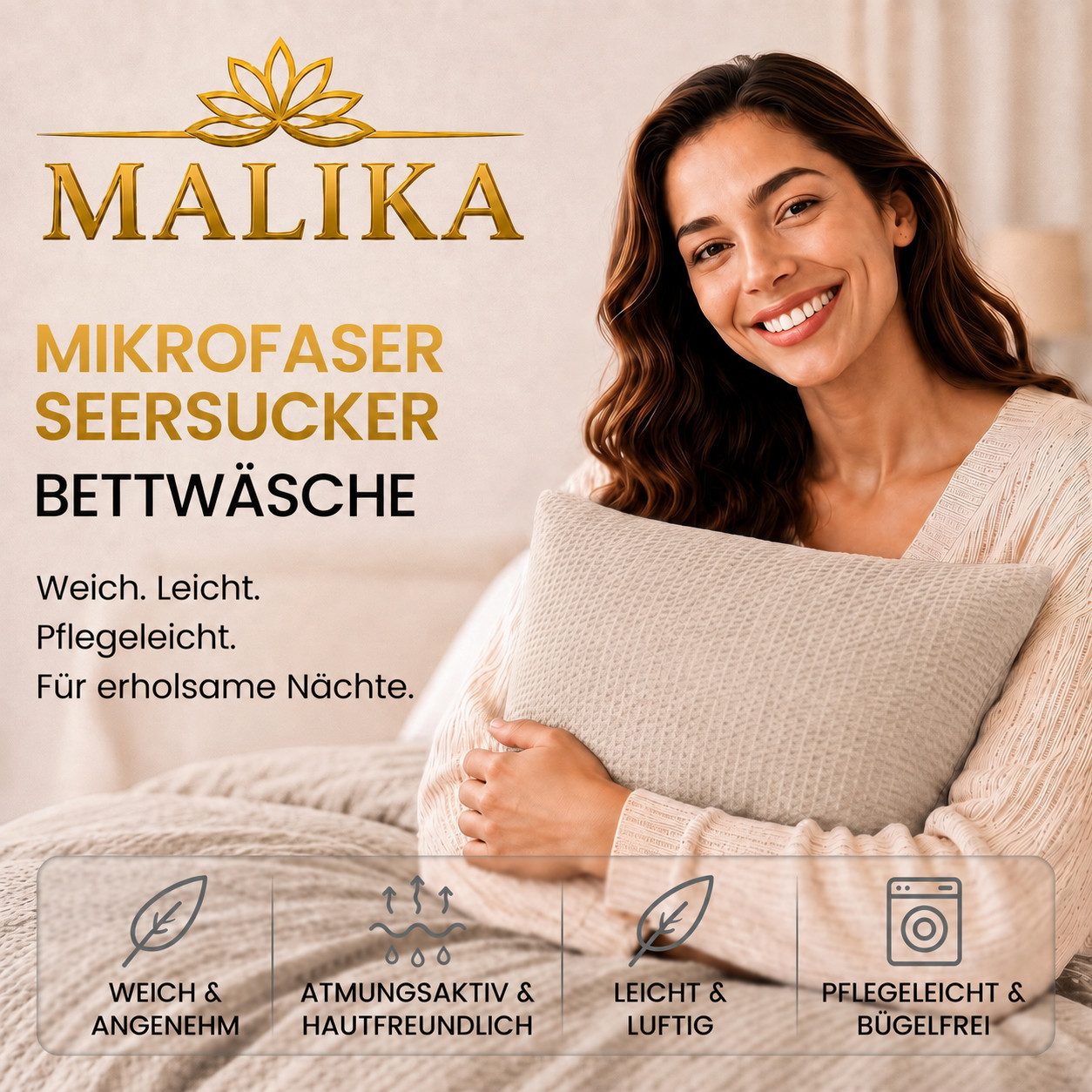 Malika Bettwäsche aus 100 % Mikrofaser, 1x 200x220 + 2x 80x80 cm, Seersucker, Beige, Seersucker, 3 teilig, Für Allergiker geeignet, pflegeleicht, angenehm weicher Stoff