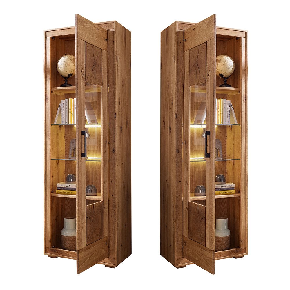 Lomadox Vitrine WINNIPEG-69 Vitrinenschrank, Eiche massiv geölt, Hirnholz-Details, montiert