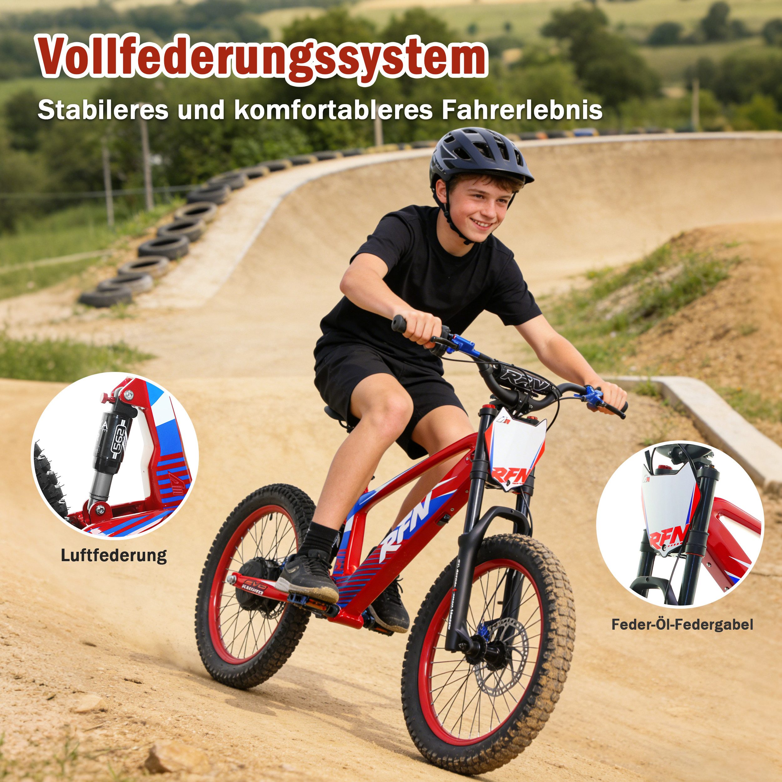 RFN Elektro-Kindermotorrad EVO20 E-Motorrad, 20 Zoll, 750W, Hydraulik-Bremsen, Offroad-Reifen, Belastbarkeit 70 kg, Jugend-Dirtbike für ab 12 Jahre, 35km/h, 36V Akku, 52,5Nm