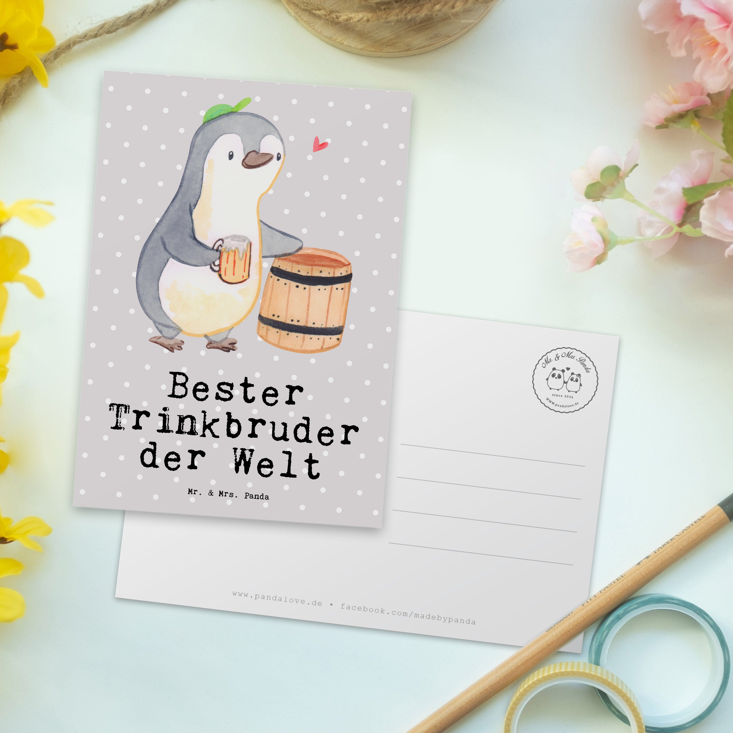 Postkarte Welt der & Pinguin - Bester Grau Mr. Mrs. Trinkbruder Kleini Pastell - Panda Geschenk,