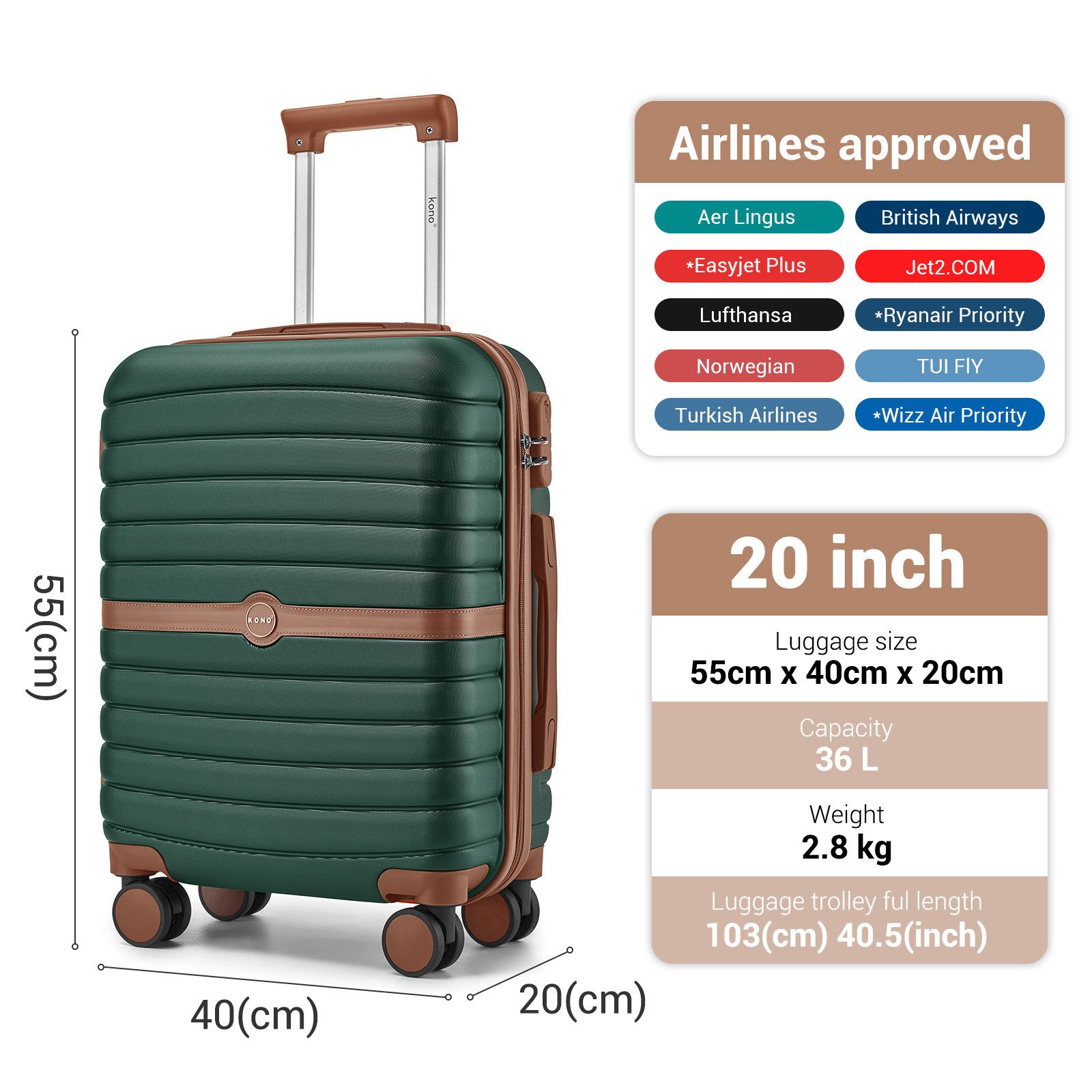 KONO Handgepäckkoffer Koffer Trolley ABS+PC Hartschalenkoffer