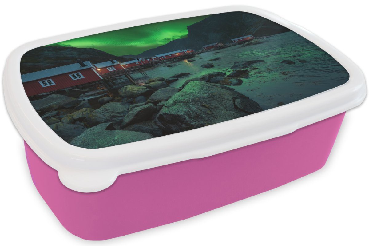 Lunchbox Kinder, Erwachsene, Mädchen, Nacht, Brotbox Nordlichter Snackbox, für Norwegen - - (2-tlg), MuchoWow Kunststoff rosa Brotdose Kunststoff,