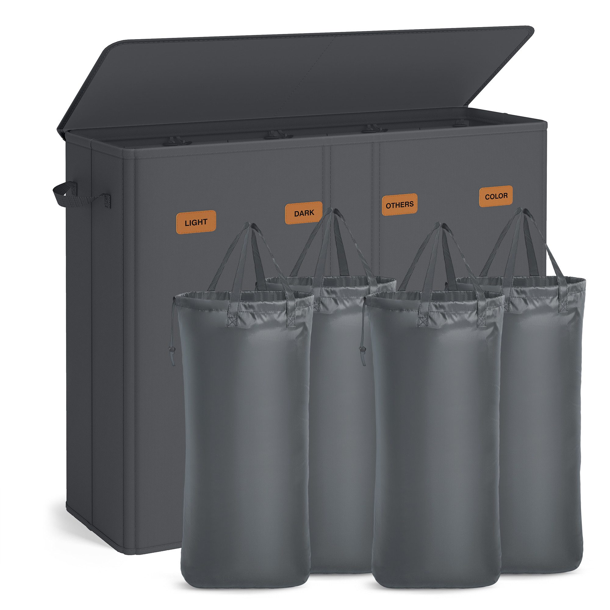 SONGMICS Wäschekorb, mit 4 Fächern, 210 L, mit Deckel, herausnehmbar und waschbar