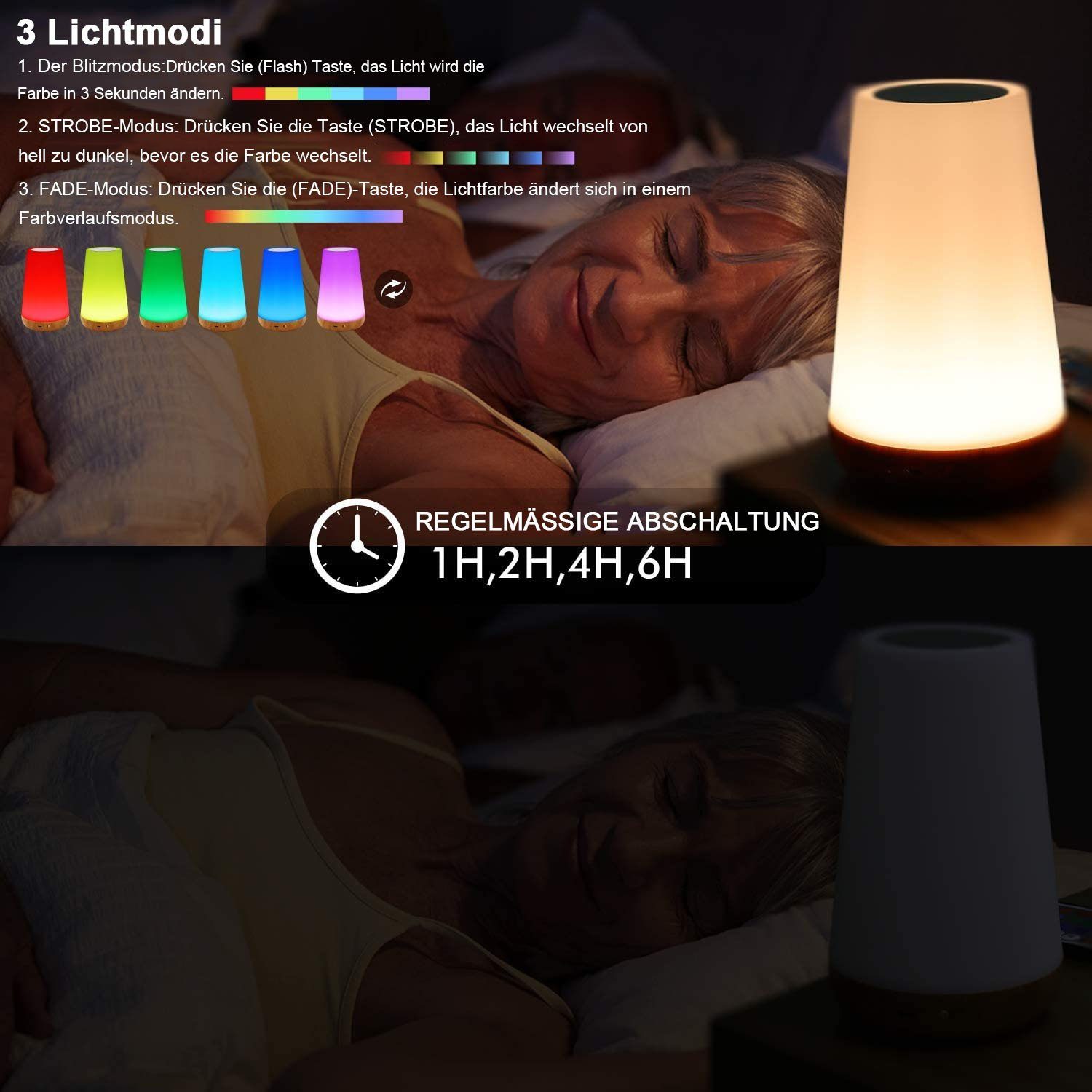 mit und 5-stufig Tisch-Nachttischlampen dimmbares 13 warmweißes Farbwechsel-RGB Sensorsteuerung, Licht Nachttischlampe Haiaveng Touch-Lampe, tragbare