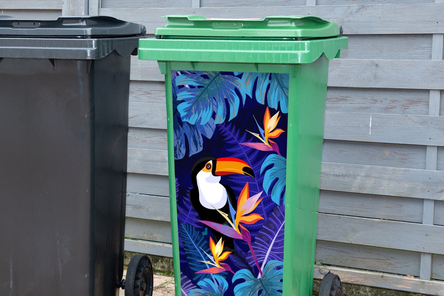 MuchoWow Wandsticker Dschungel - (1 St), Tukan Pflanzen Sticker, Container, Blumen Abfalbehälter Kinder Mülleimer-aufkleber, - - - - Mülltonne, Lila Tiere 