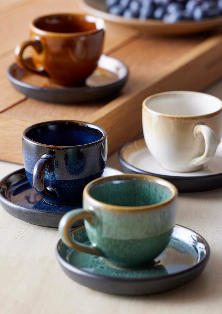 Bitz Espressotasse Espressotasse mit Unterer amber/schwarz 0,07 l, Steinzeug, Espressotasse mit Untertasse 7 cl Amber/Schwarz