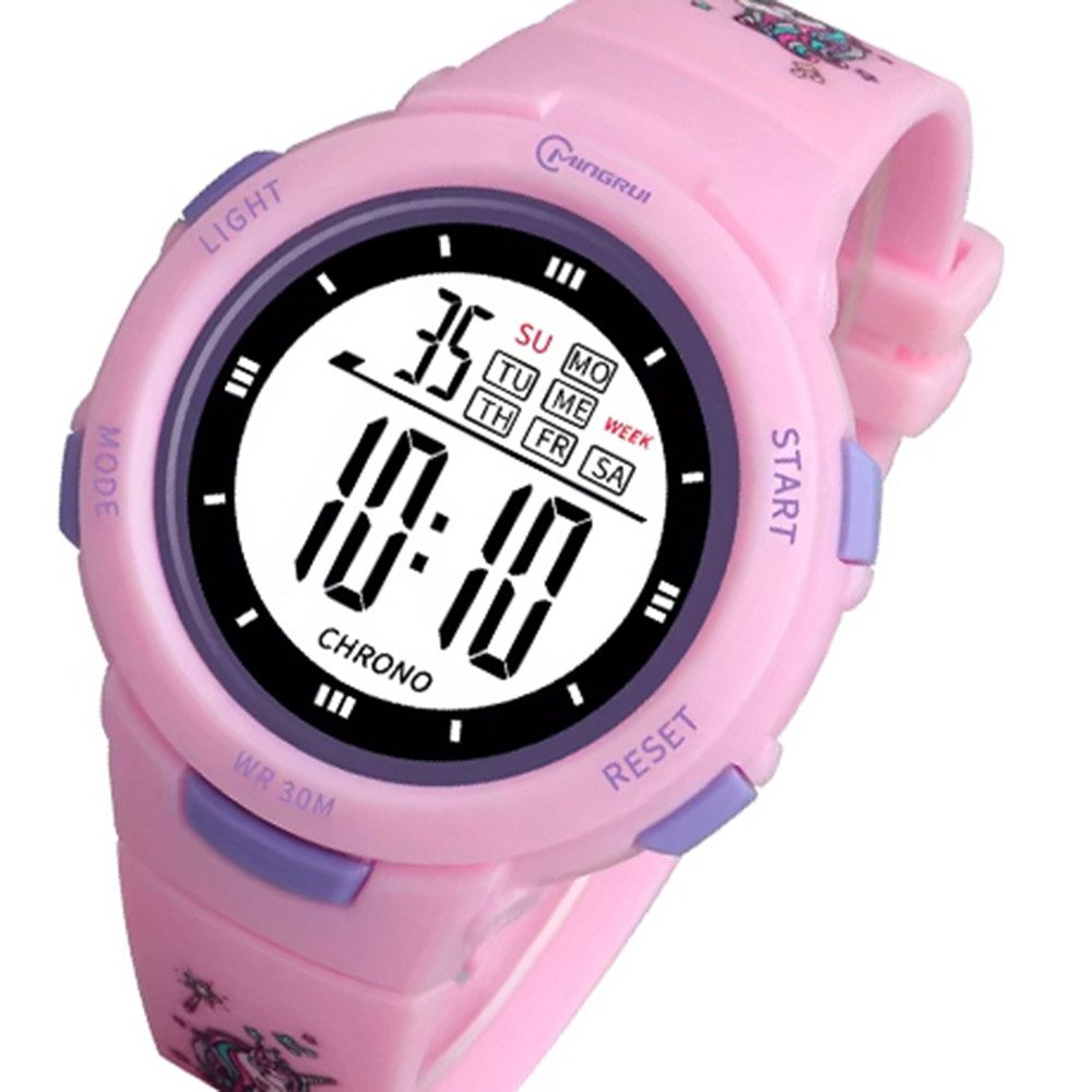 K&L Wall Art Digitaluhr Rosa Kinder Armbanduhr Einhorn Silikonuhr für Mädchen, Licht, Wecker, Wochentag, Stoppuhr, Silikonarmband, 3ATM
