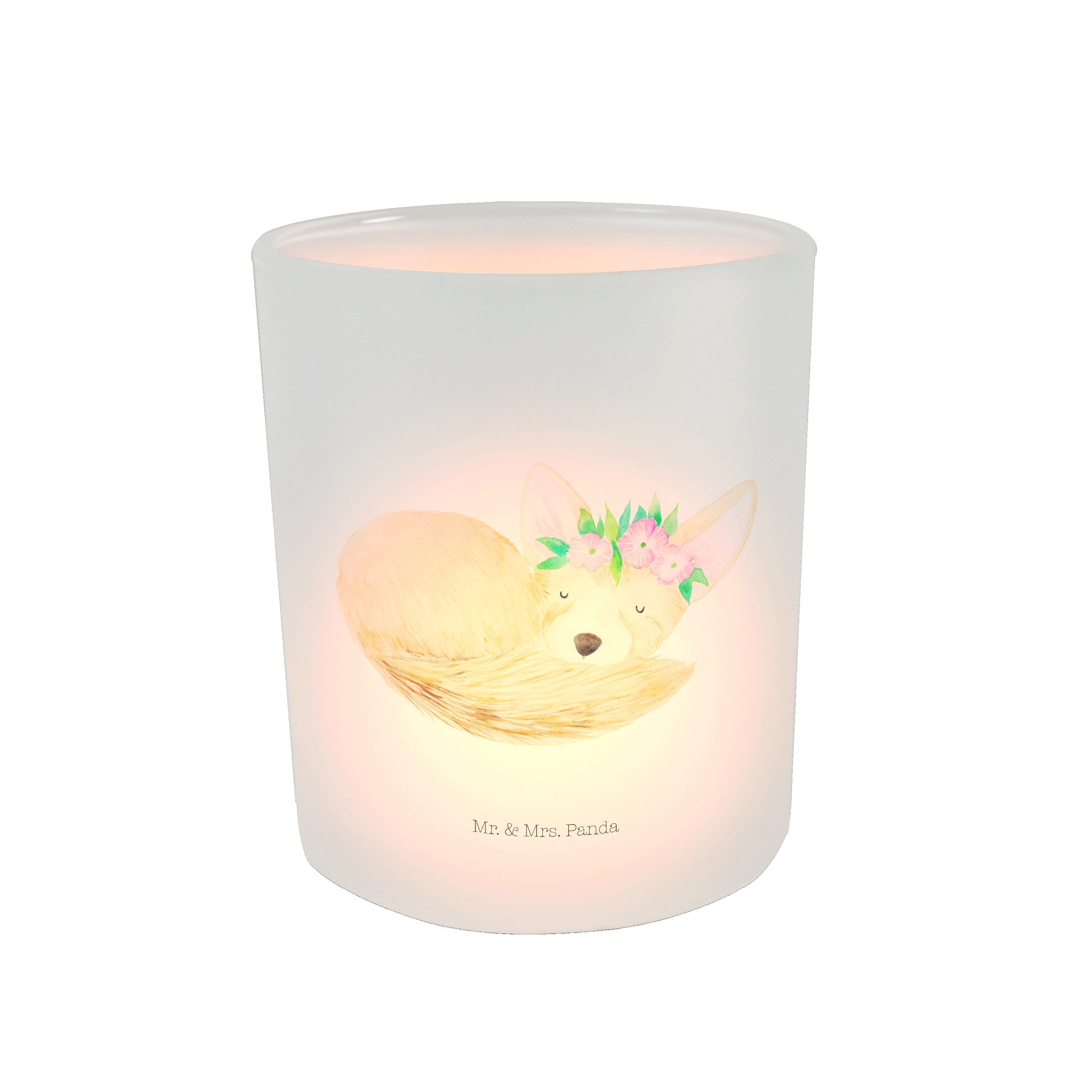 Mr. & Mrs. Panda Windlicht Wüstenfuchs Blumenkranz - Transparent - Geschenk, Kerzenlicht, Kerzen (1 St)