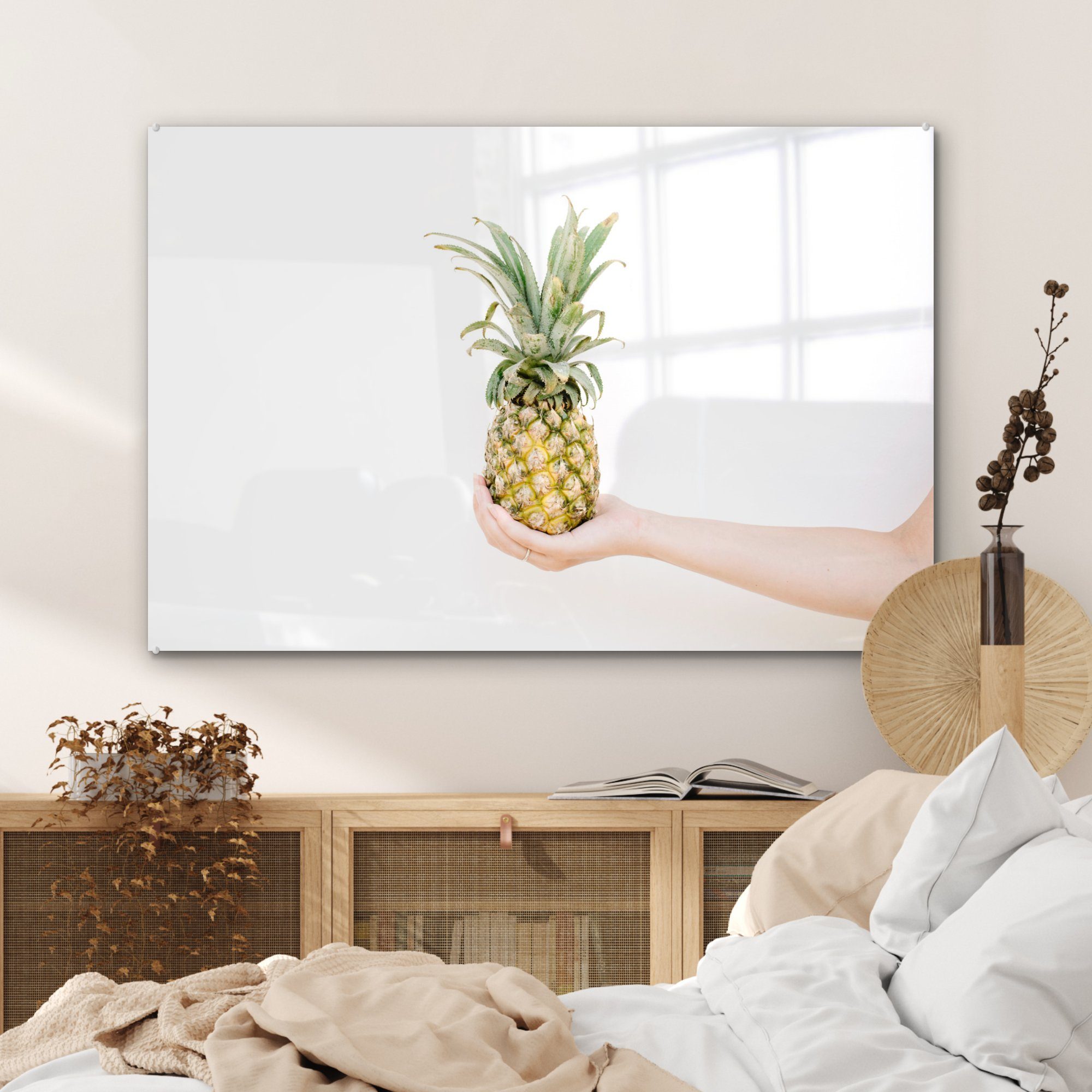 Gelb Tropisch, - Acrylglasbilder St), Wohnzimmer - MuchoWow Ananas & Acrylglasbild (1 Schlafzimmer