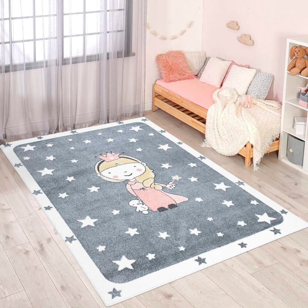 Kinderteppich ANIME893, Carpet City, rechteckig, Höhe: 11 mm, Kinderzimmer  Teppich Modern mit Mond, Blumen, Wolken, Creme, Multi