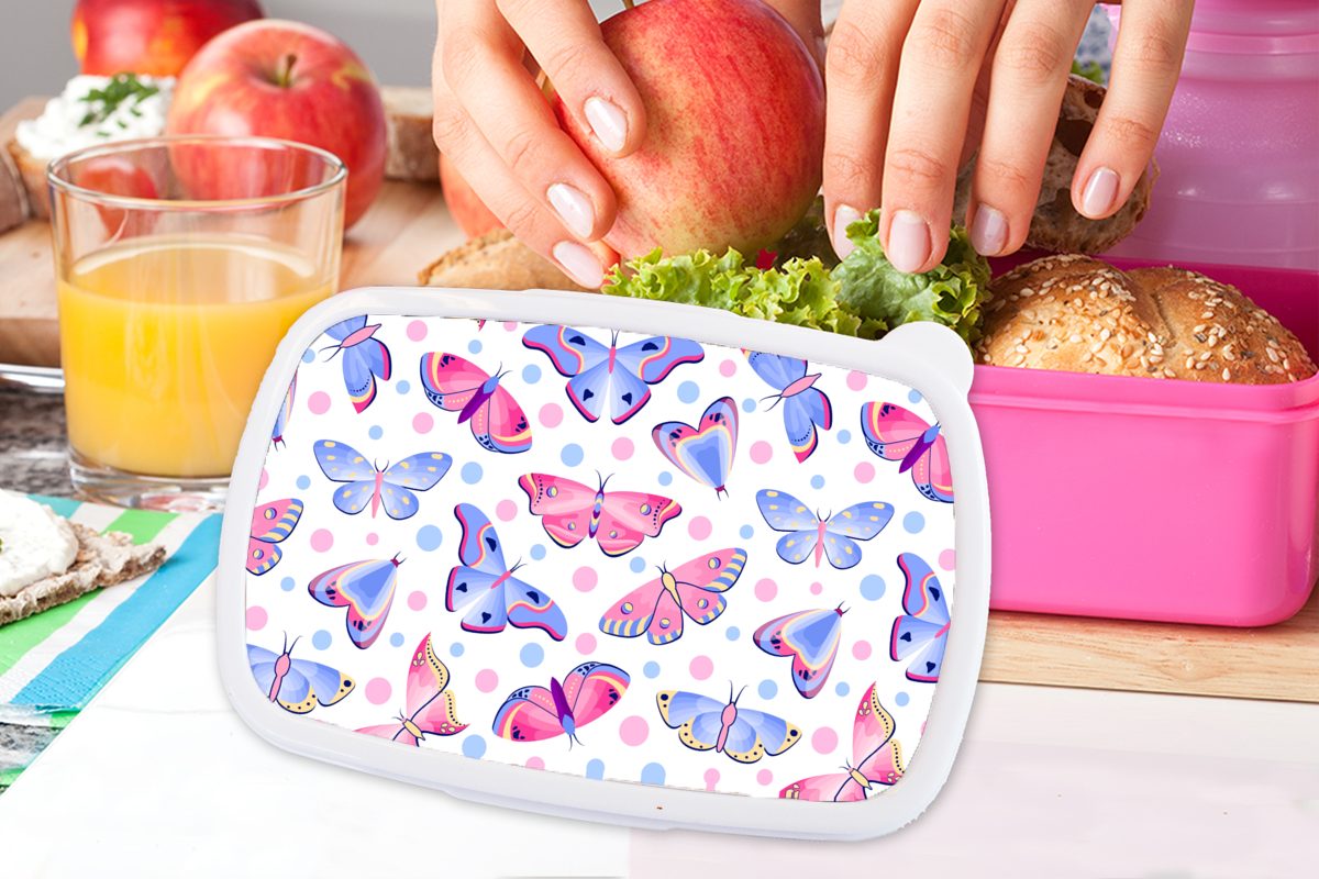 MuchoWow Lunchbox Schmetterlinge - Mädchen, Kunststoff, - (2-tlg), Kunststoff Punkte Brotbox Snackbox, für Erwachsene, Muster, Brotdose Kinder, rosa