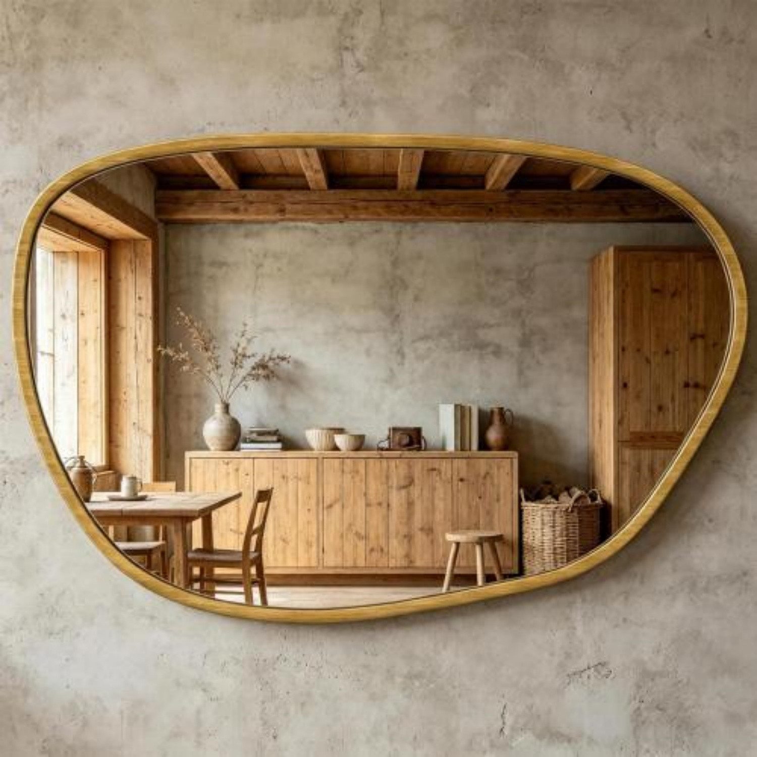 Luckice Dekospiegel Asymmetrischer Wand-Dekospiegel 90x60 cm aus gehärtetem Glas (Set), natürlicher Holzrahmen,für Badezimmer,Schlafzimmer,Wohnzimmer