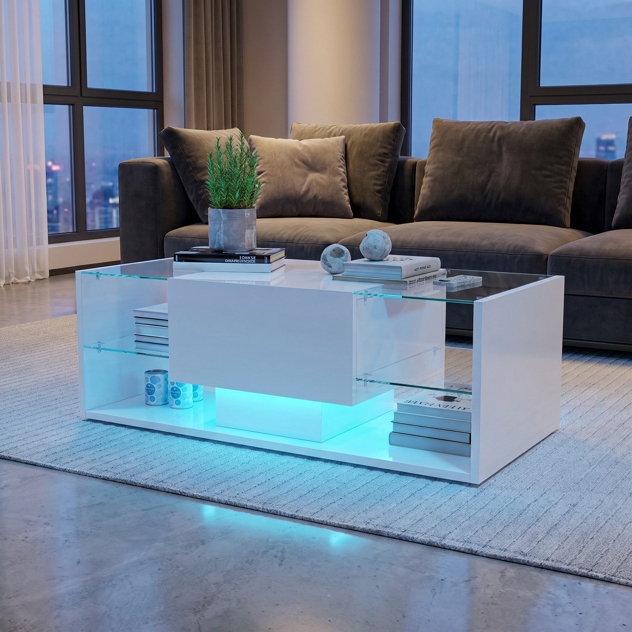 BELUPAI Couchtisch Hochglanz Wohnzimmertisch mit LED-Beleuchtung, Weiß Sofatisch mit Schubladen und 4 Glasstücke