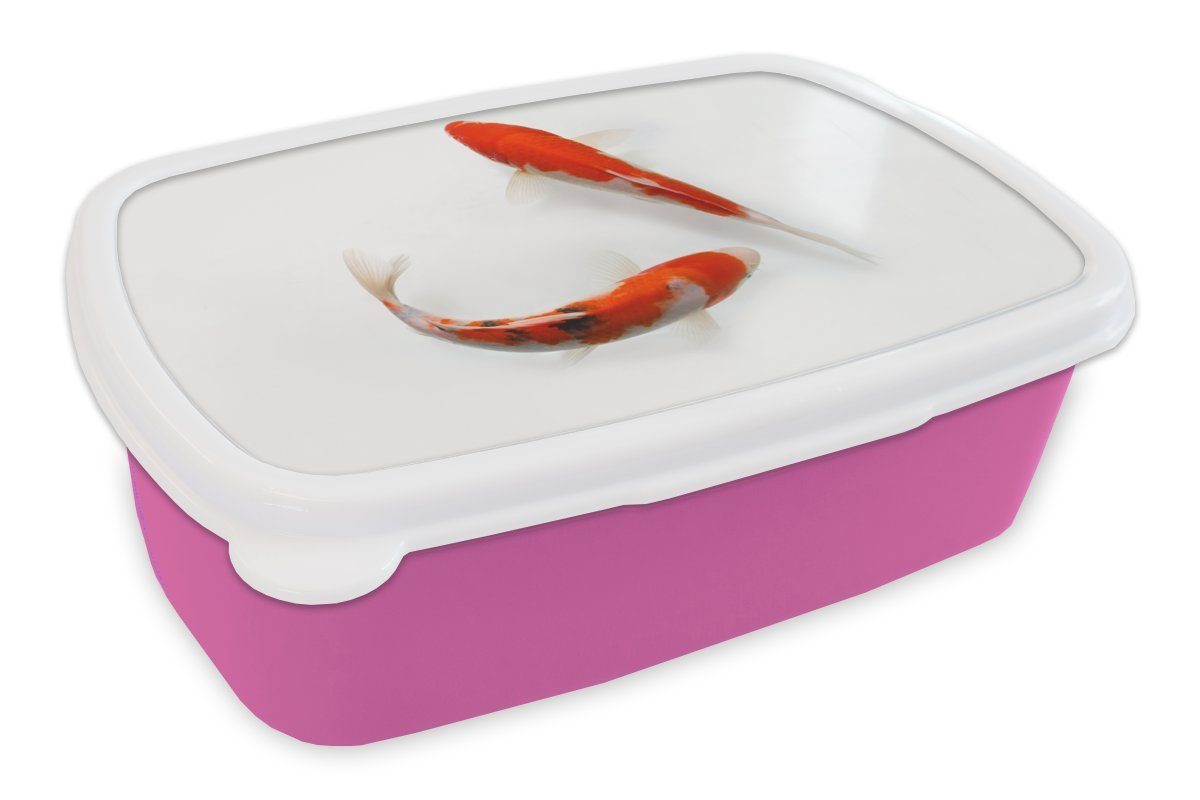 Kinder, Snackbox, orangefarbene Lunchbox rosa Koi-Karpfen Brotdose Erwachsene, (2-tlg), Hintergrund, Kunststoff, vor Kunststoff für Brotbox MuchoWow Zwei einem weißen Mädchen,